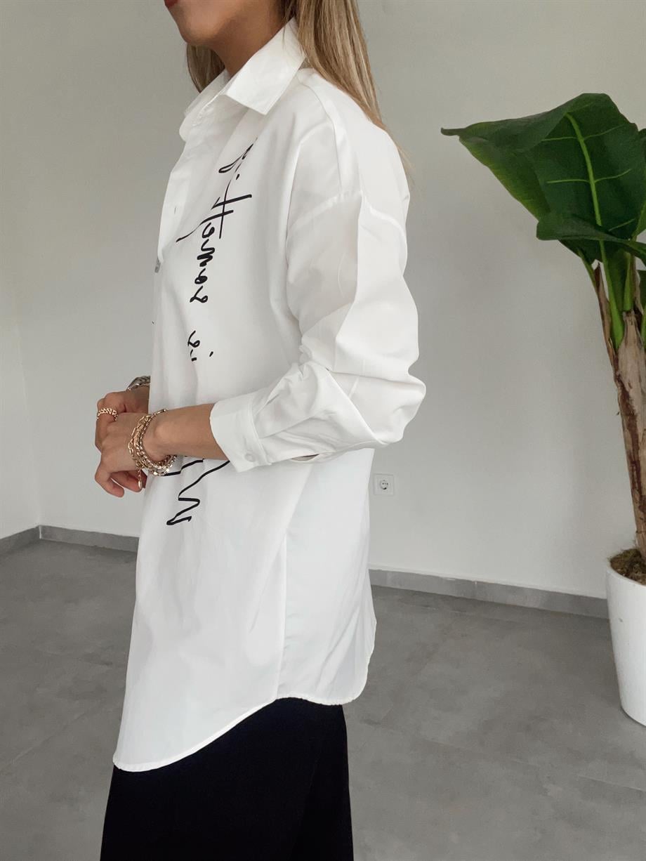 Beyaz Baskılı Gömlek