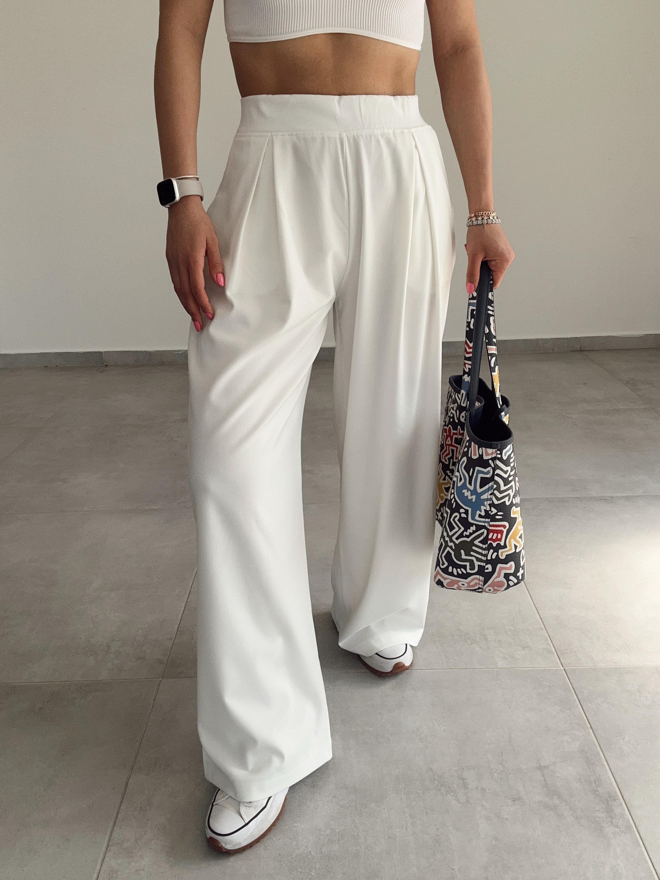 Beyaz Çift Pileli Palazzo