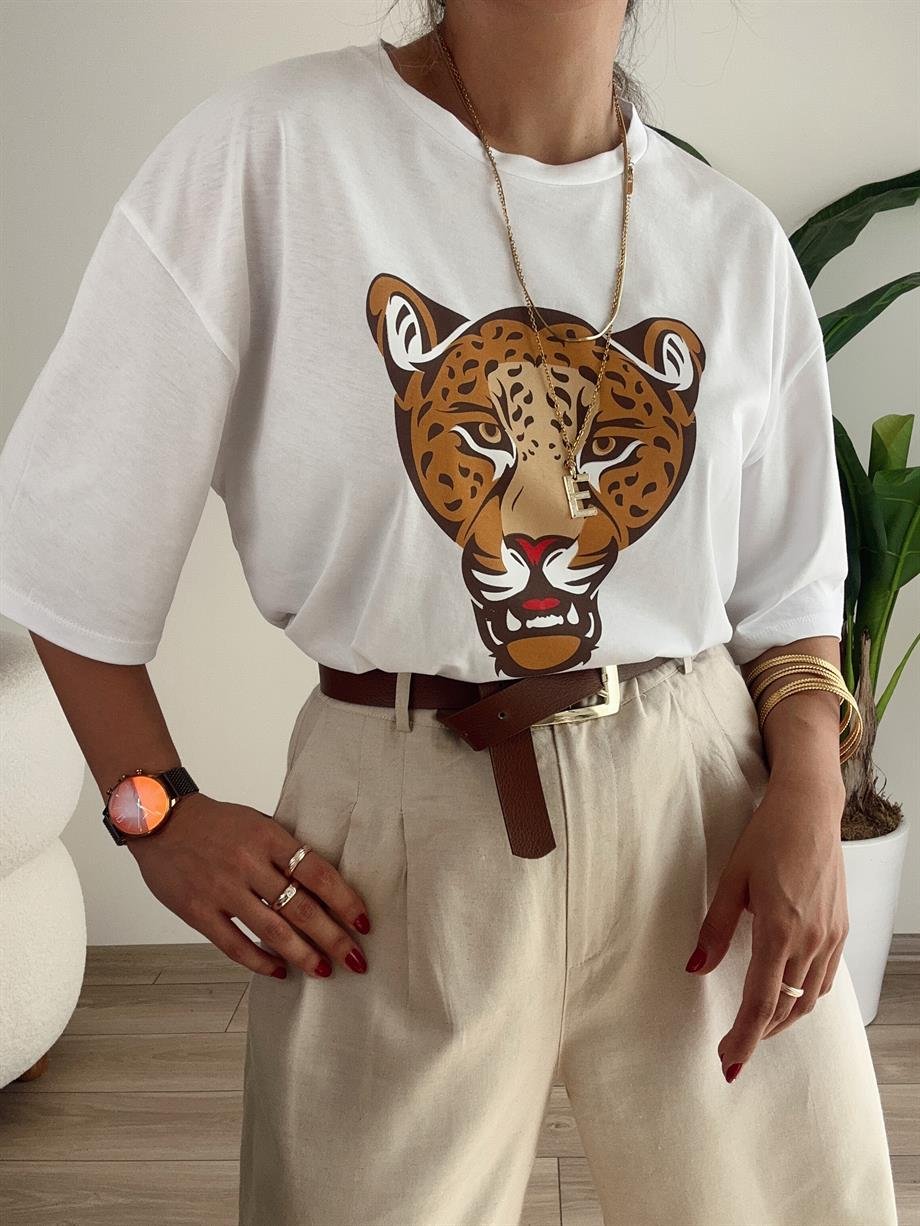 Beyaz Kaplan Baskılı Tişört