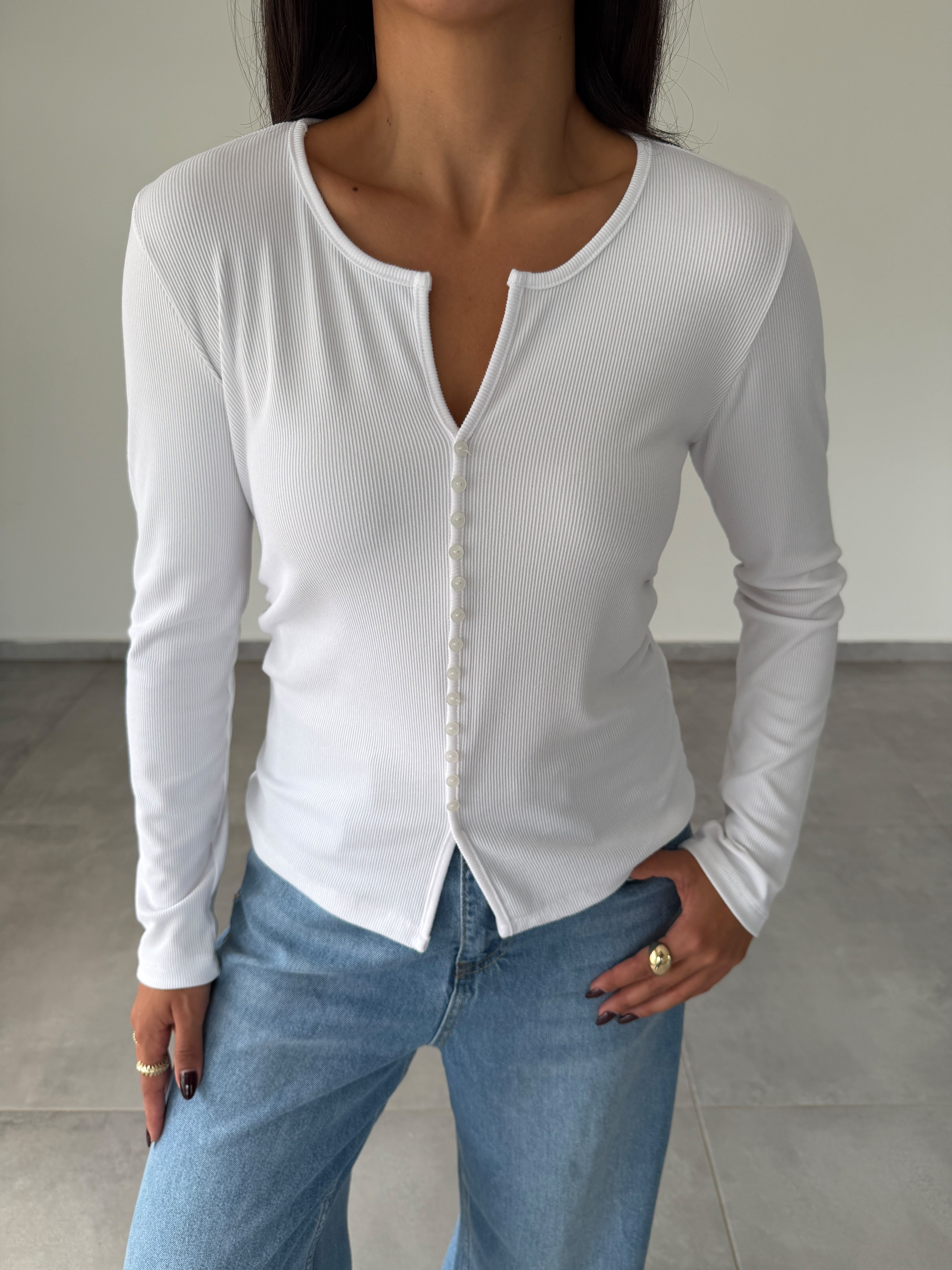 Beyaz Kaşkorse V Yaka Önü Düğmeli Body
