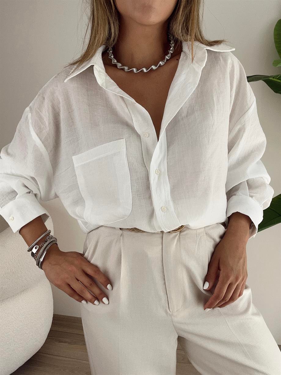 Beyaz Oversize Cepli Gömlek