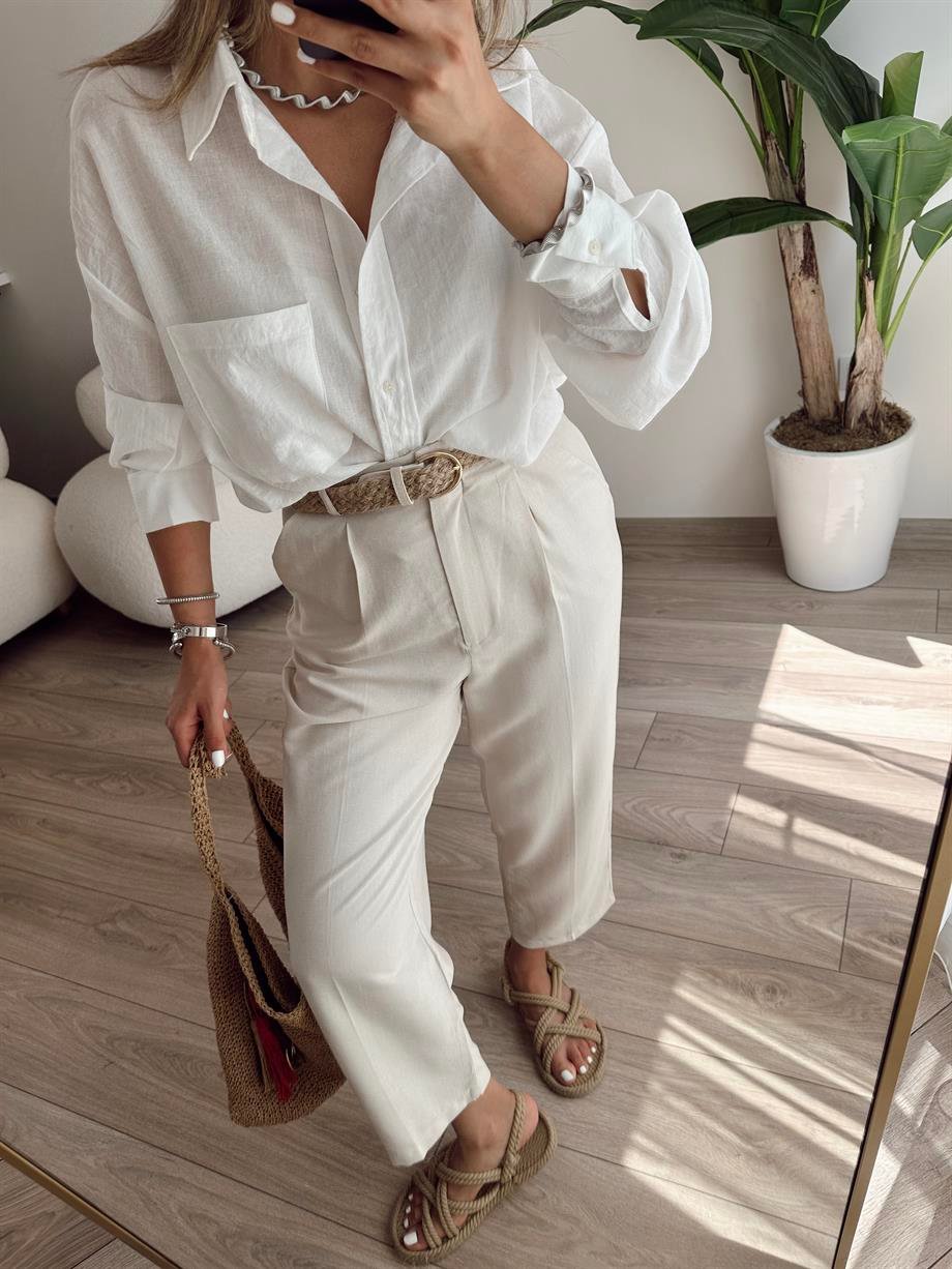 Beyaz Oversize Cepli Gömlek