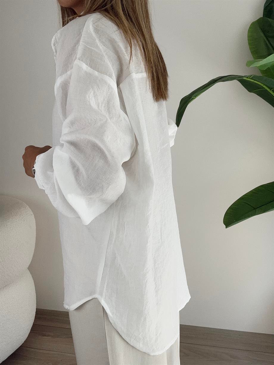 Beyaz Oversize Cepli Gömlek