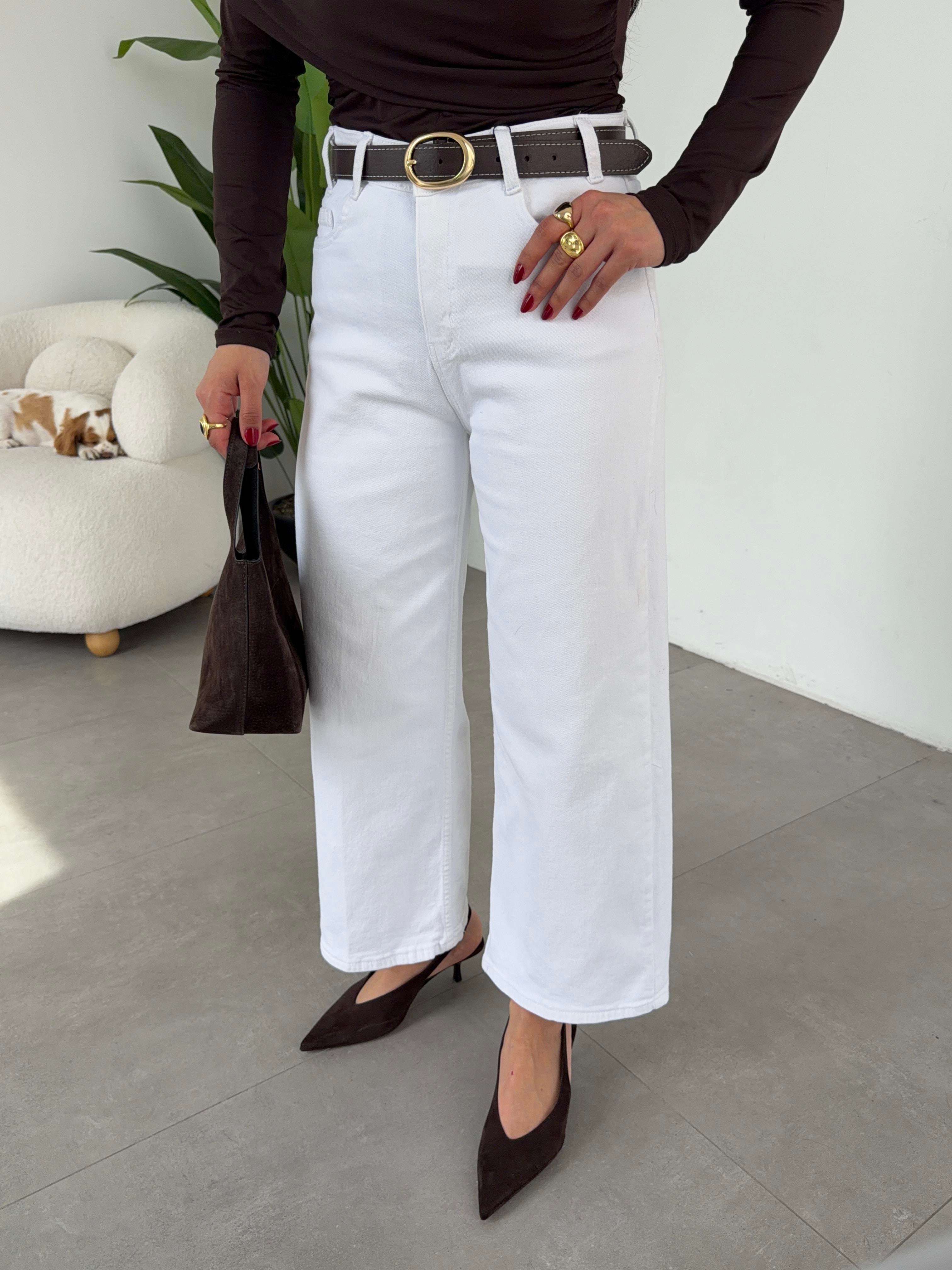 Beyaz Wideleg Likralı Kemerli Pantolon