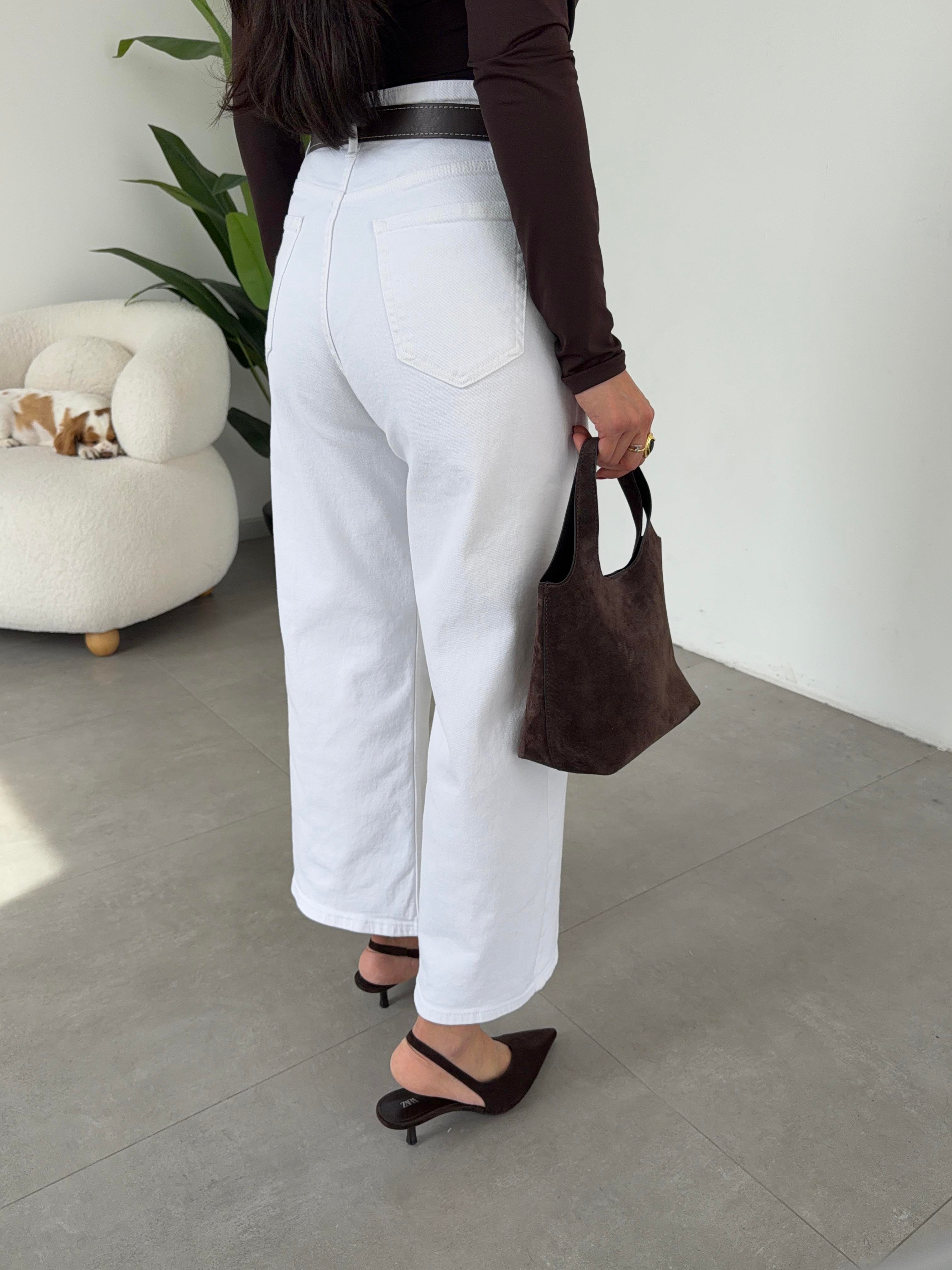 Beyaz Wideleg Likralı Kemerli Pantolon