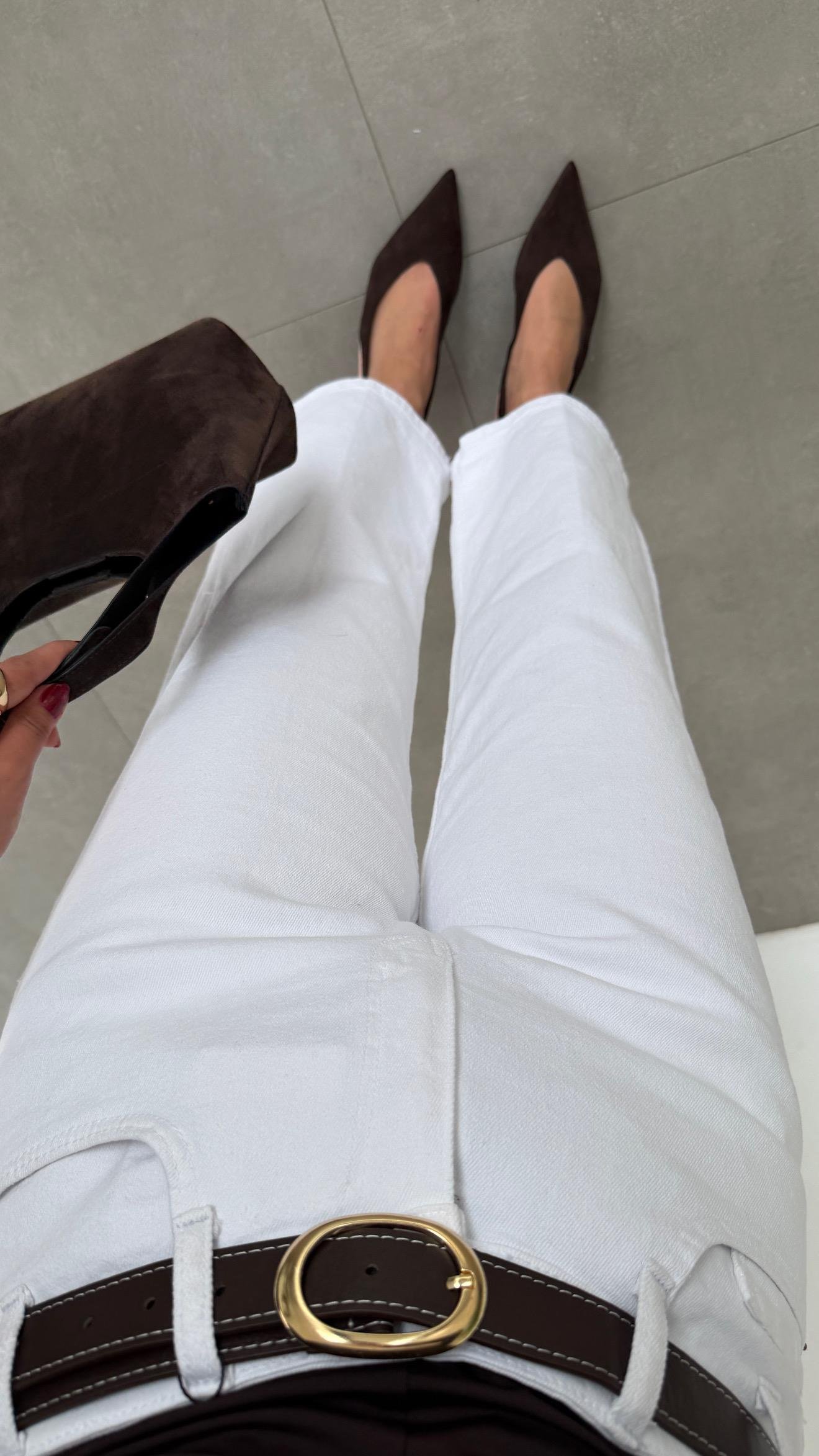 Beyaz Wideleg Likralı Kemerli Pantolon