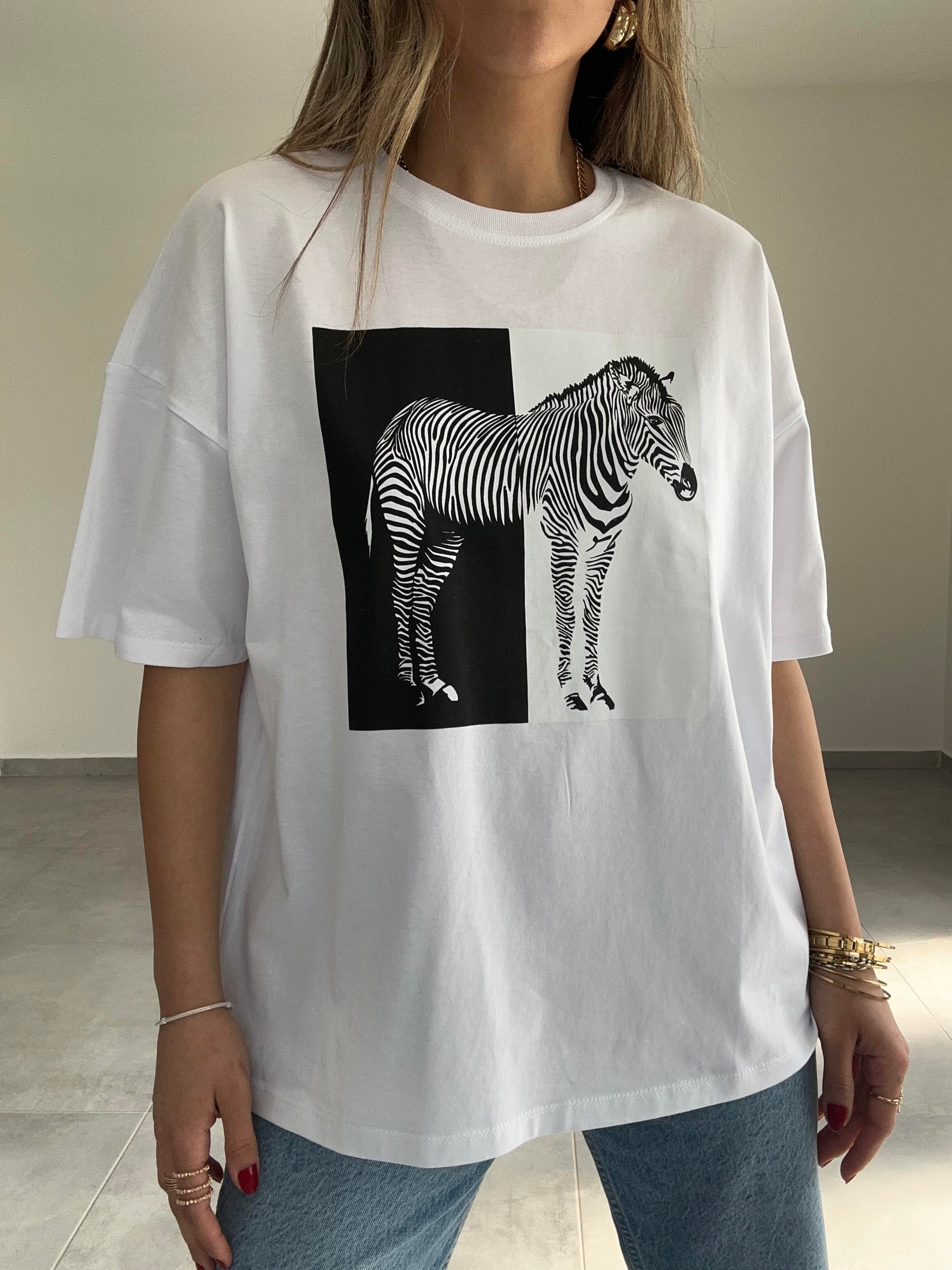 Beyaz Zebra Desen Tshirt