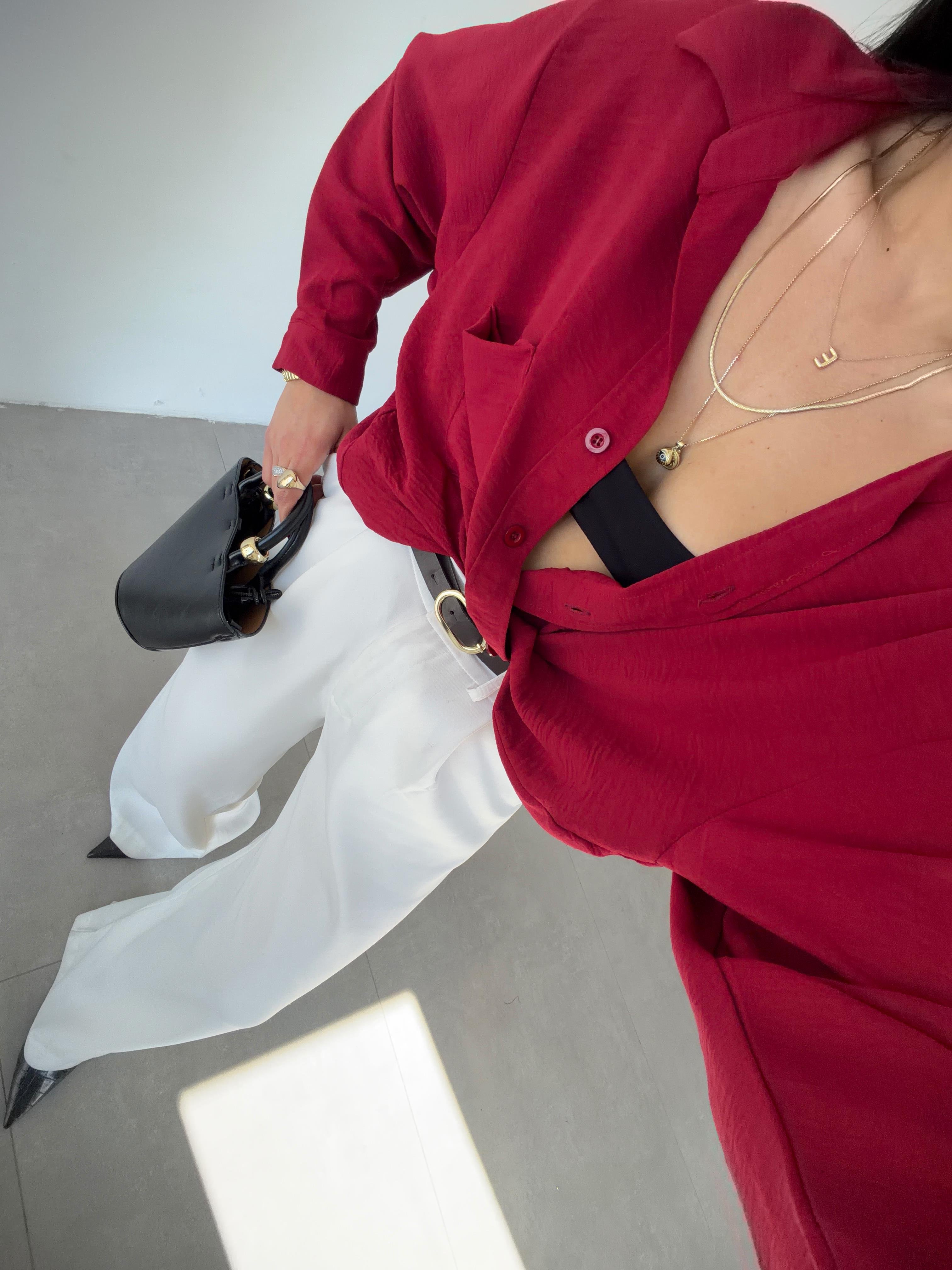 Bordo Ayrobin Cepli Oversize Gömlek