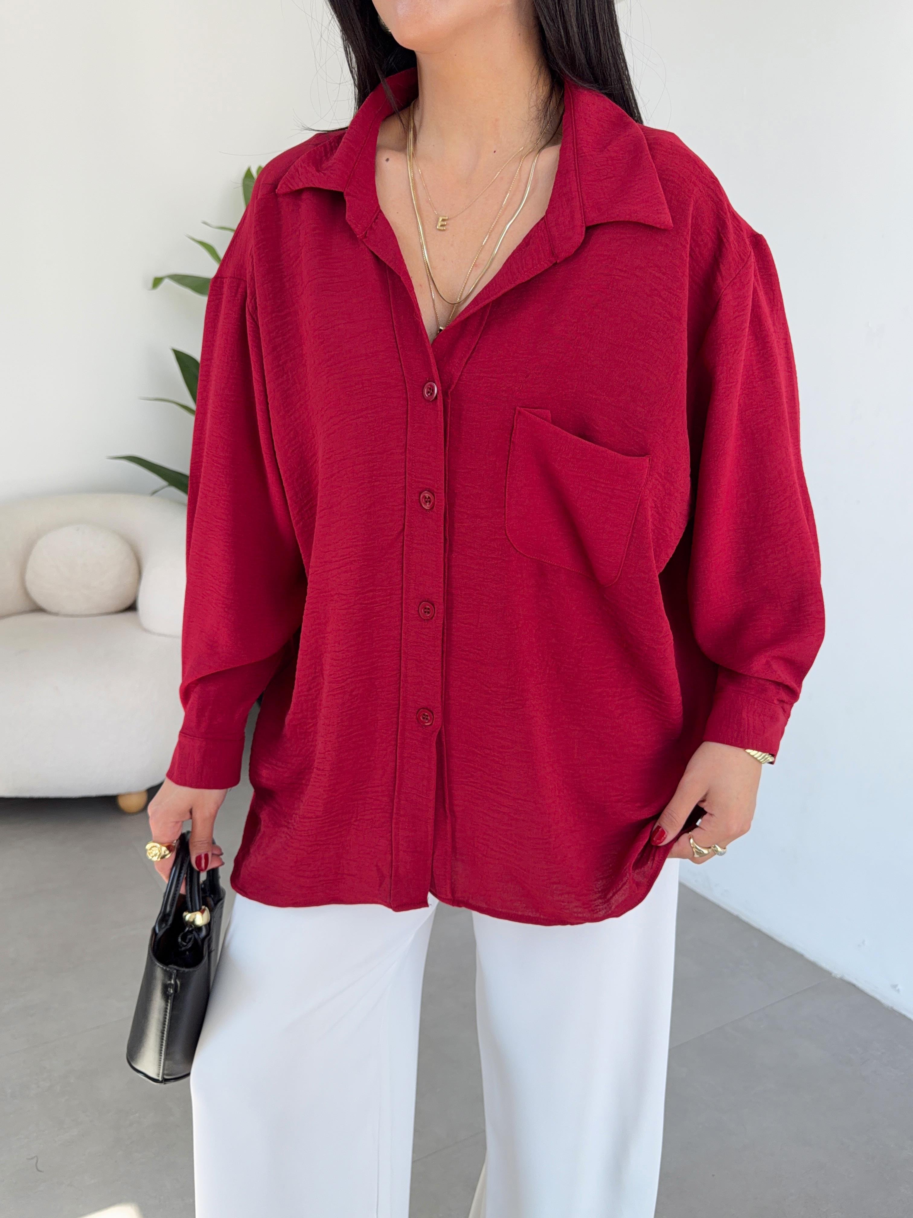 Bordo Ayrobin Cepli Oversize Gömlek