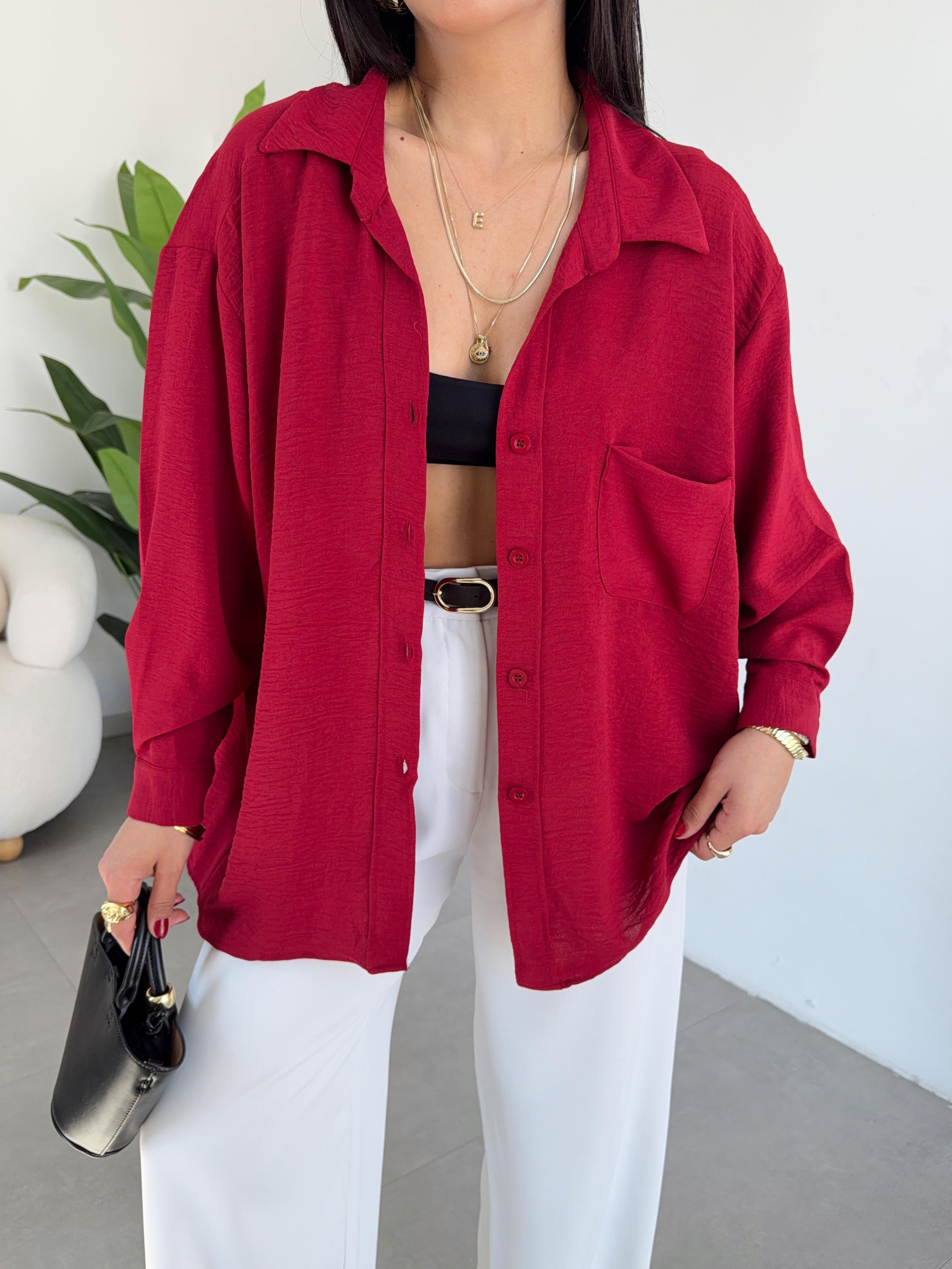 Bordo Ayrobin Cepli Oversize Gömlek