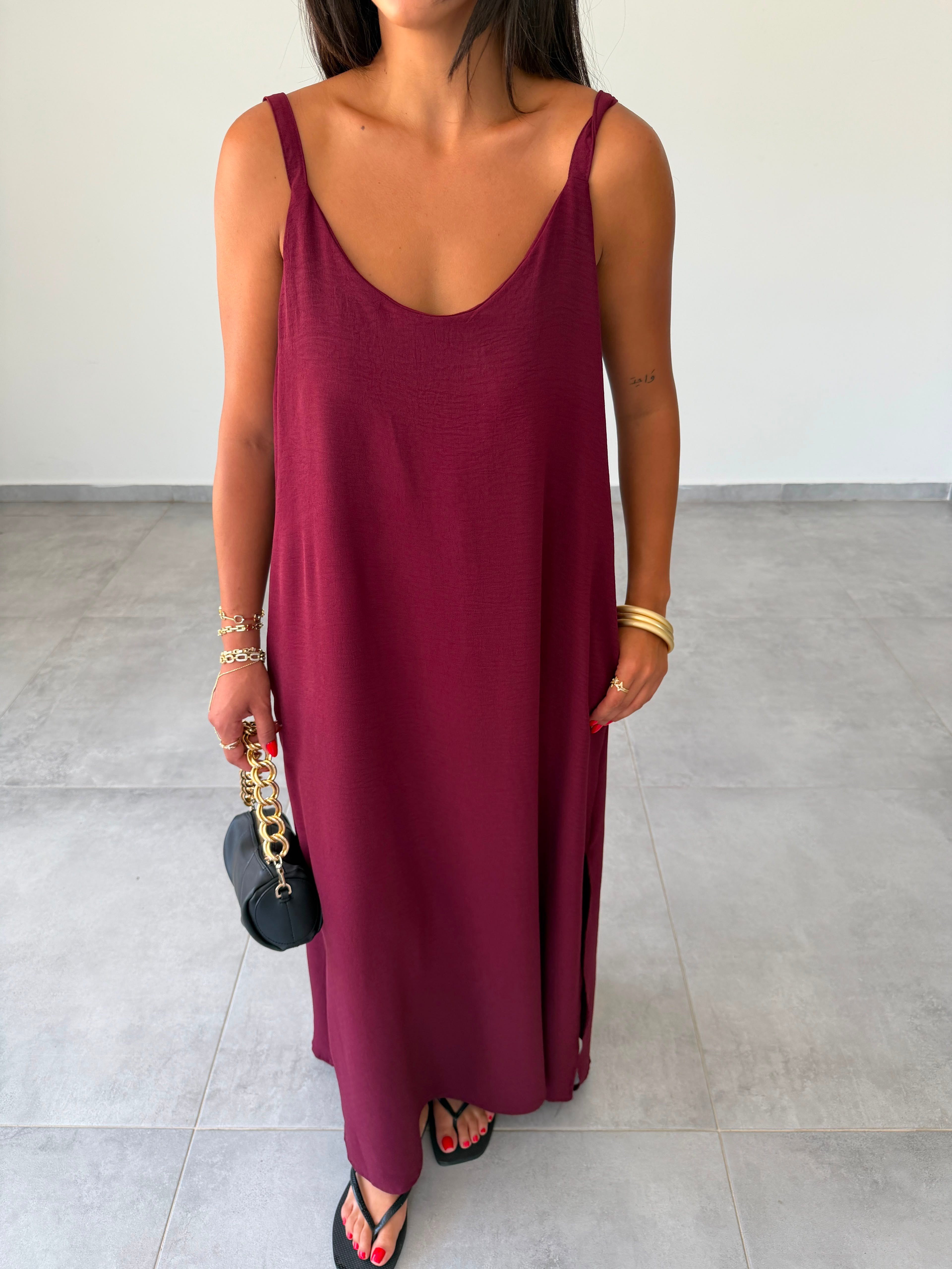 Bordo Ayrobin Maxi Boy Tela Askılı Elbise