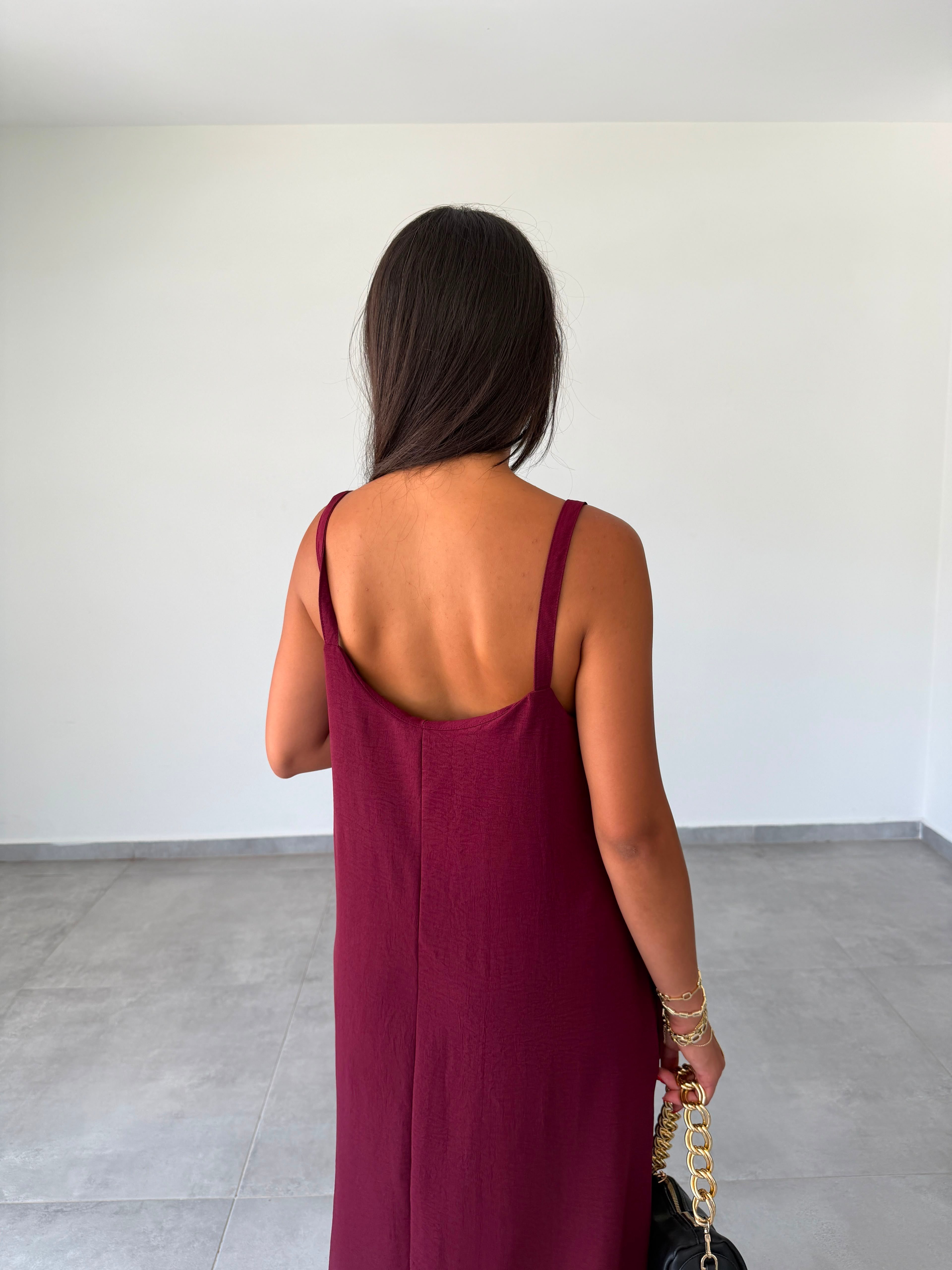 Bordo Ayrobin Maxi Boy Tela Askılı Elbise