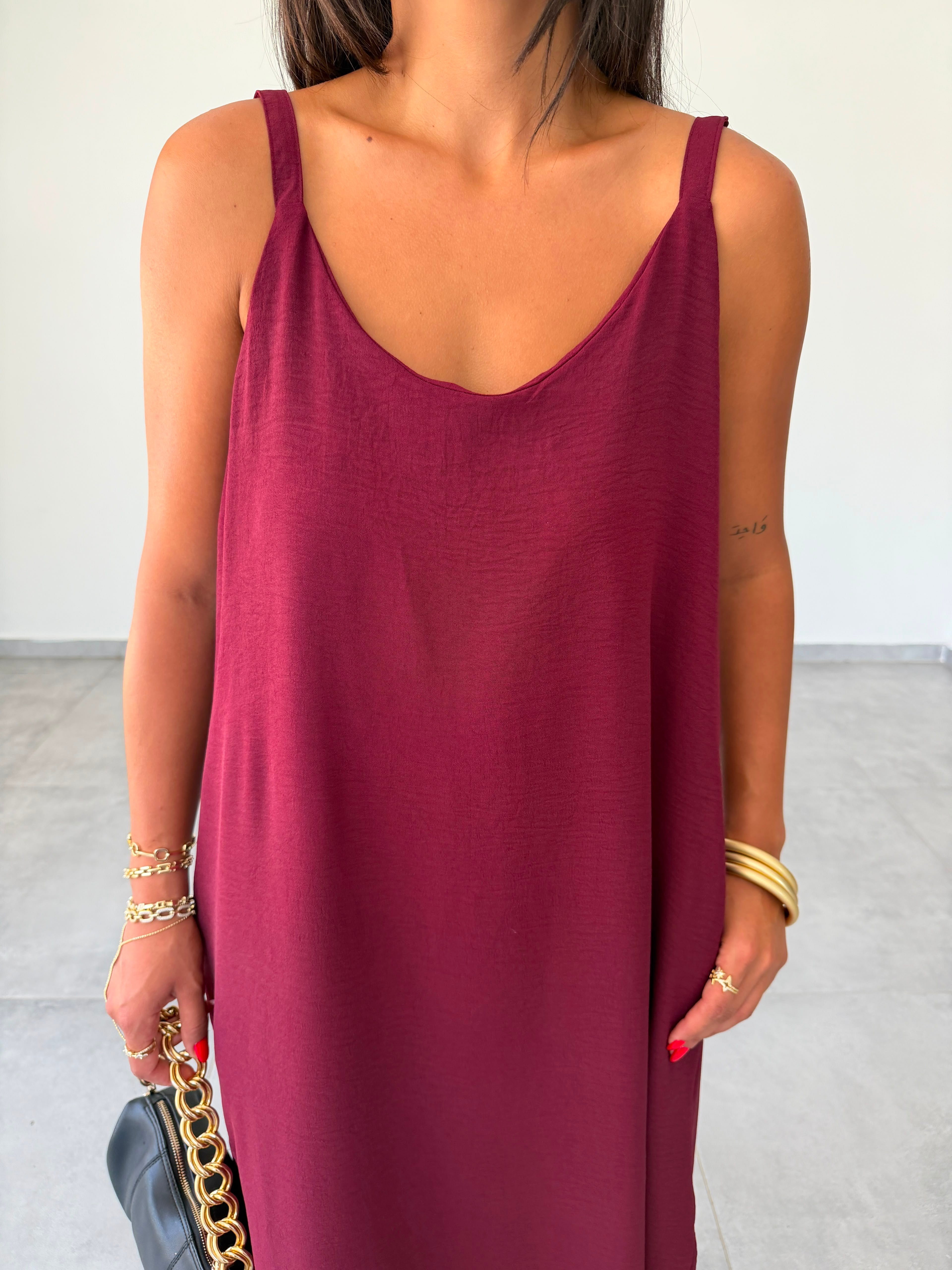 Bordo Ayrobin Maxi Boy Tela Askılı Elbise