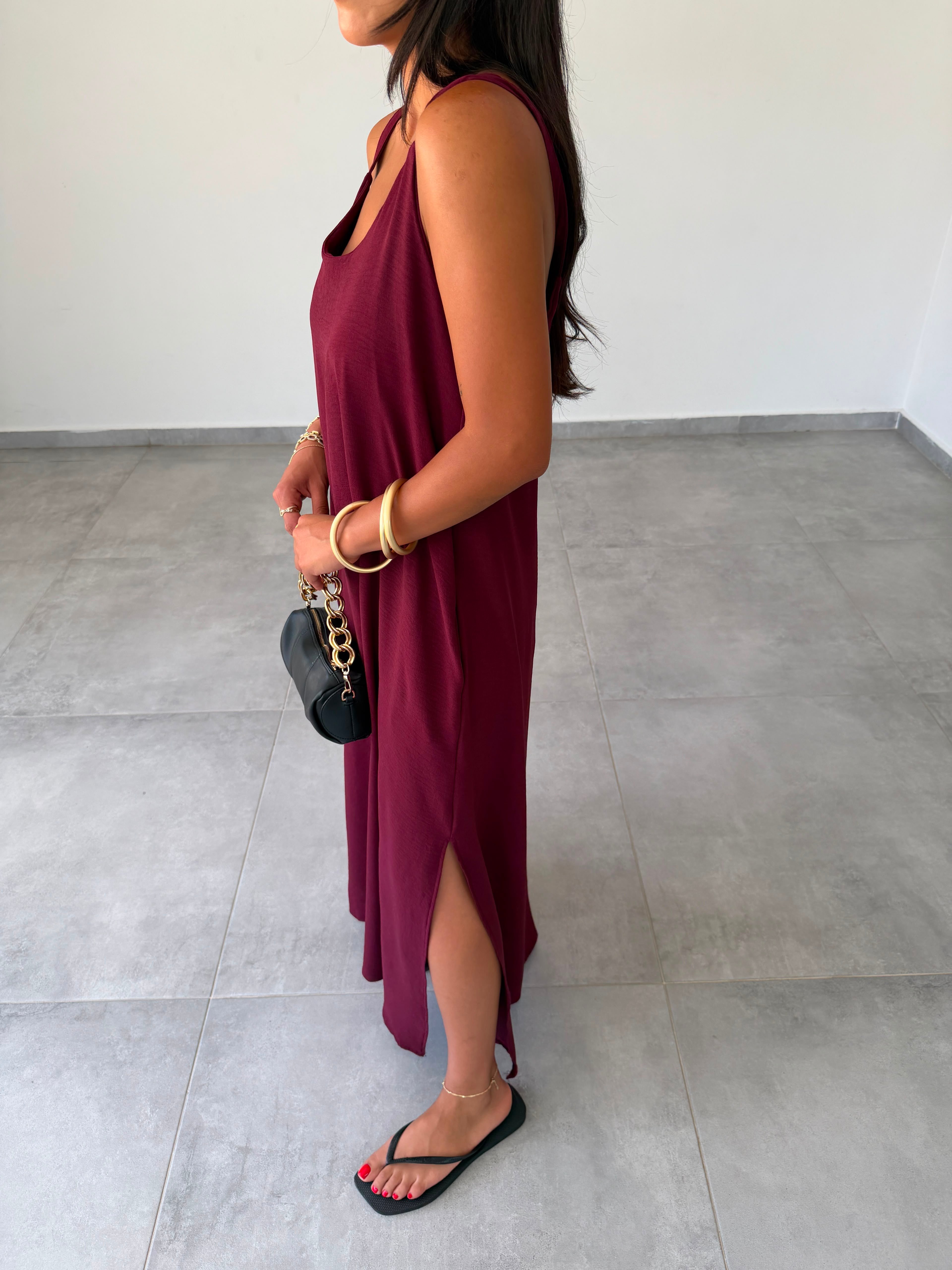 Bordo Ayrobin Maxi Boy Tela Askılı Elbise