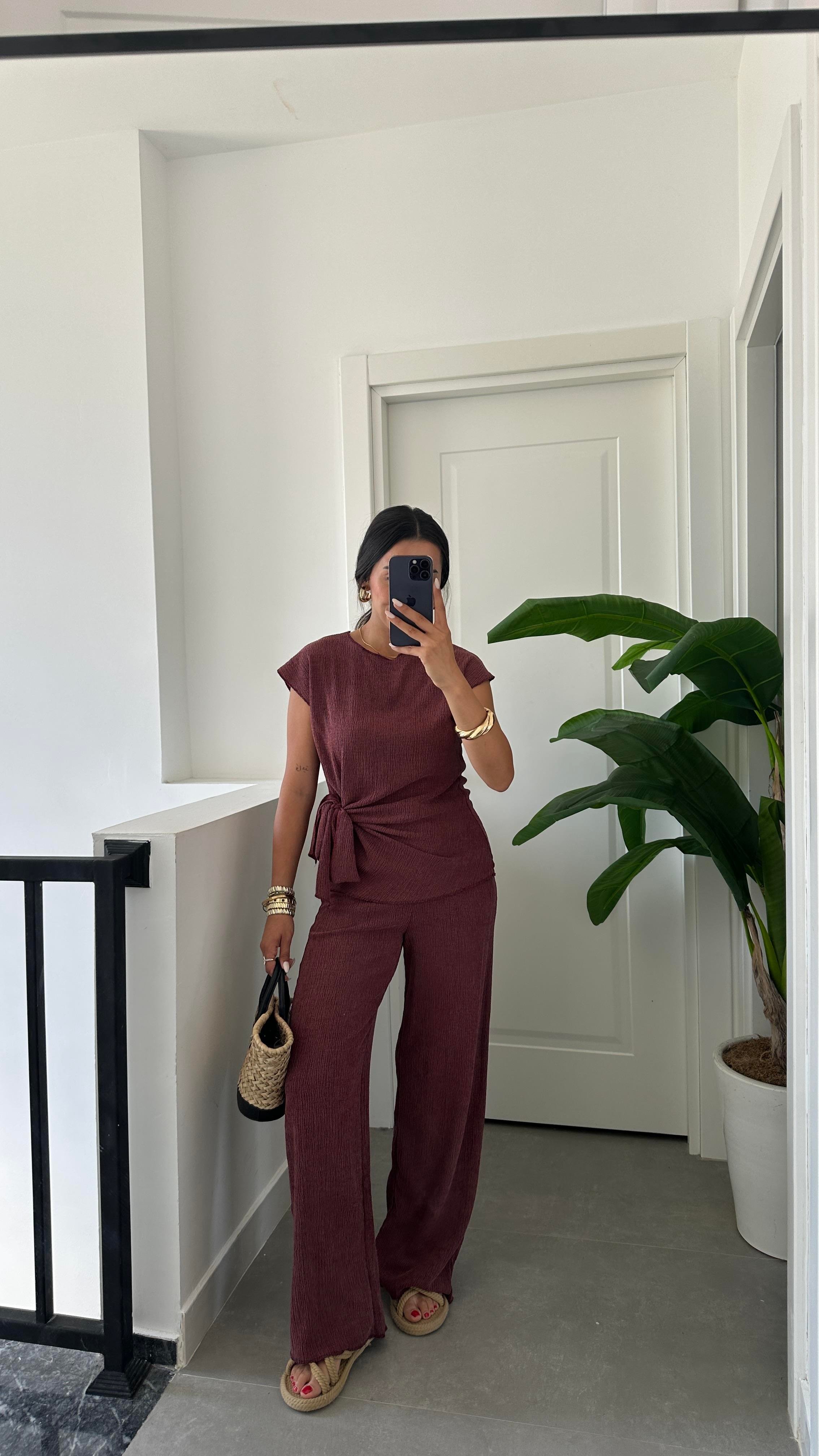 Bordo Bağlama Detaylı Bluz Pantolon Takım