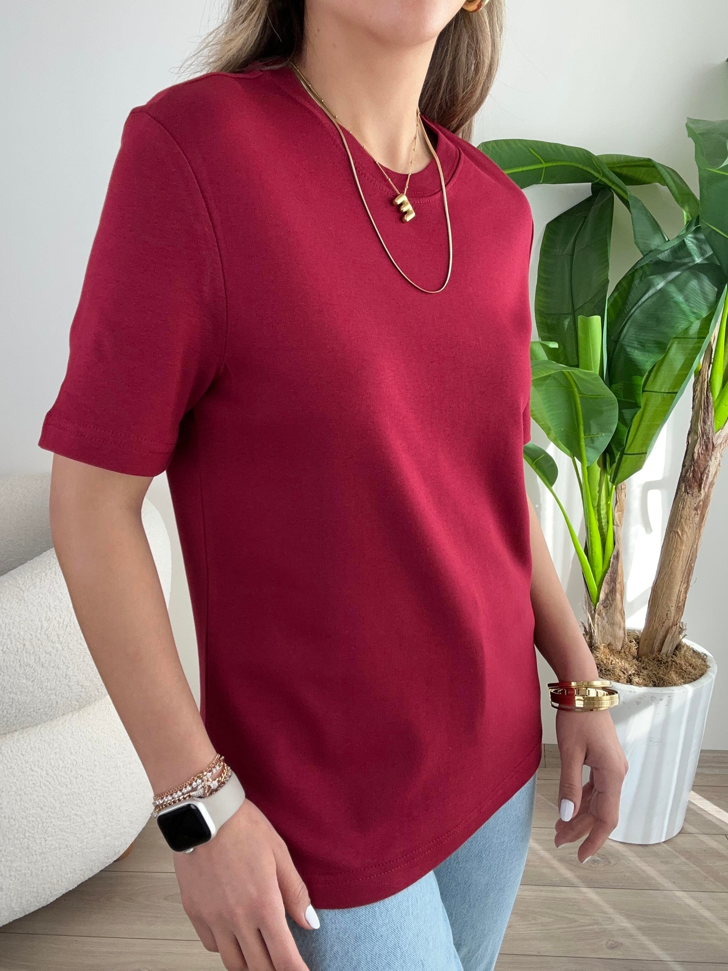 Bordo Bisiklet Yaka Basic Tişört