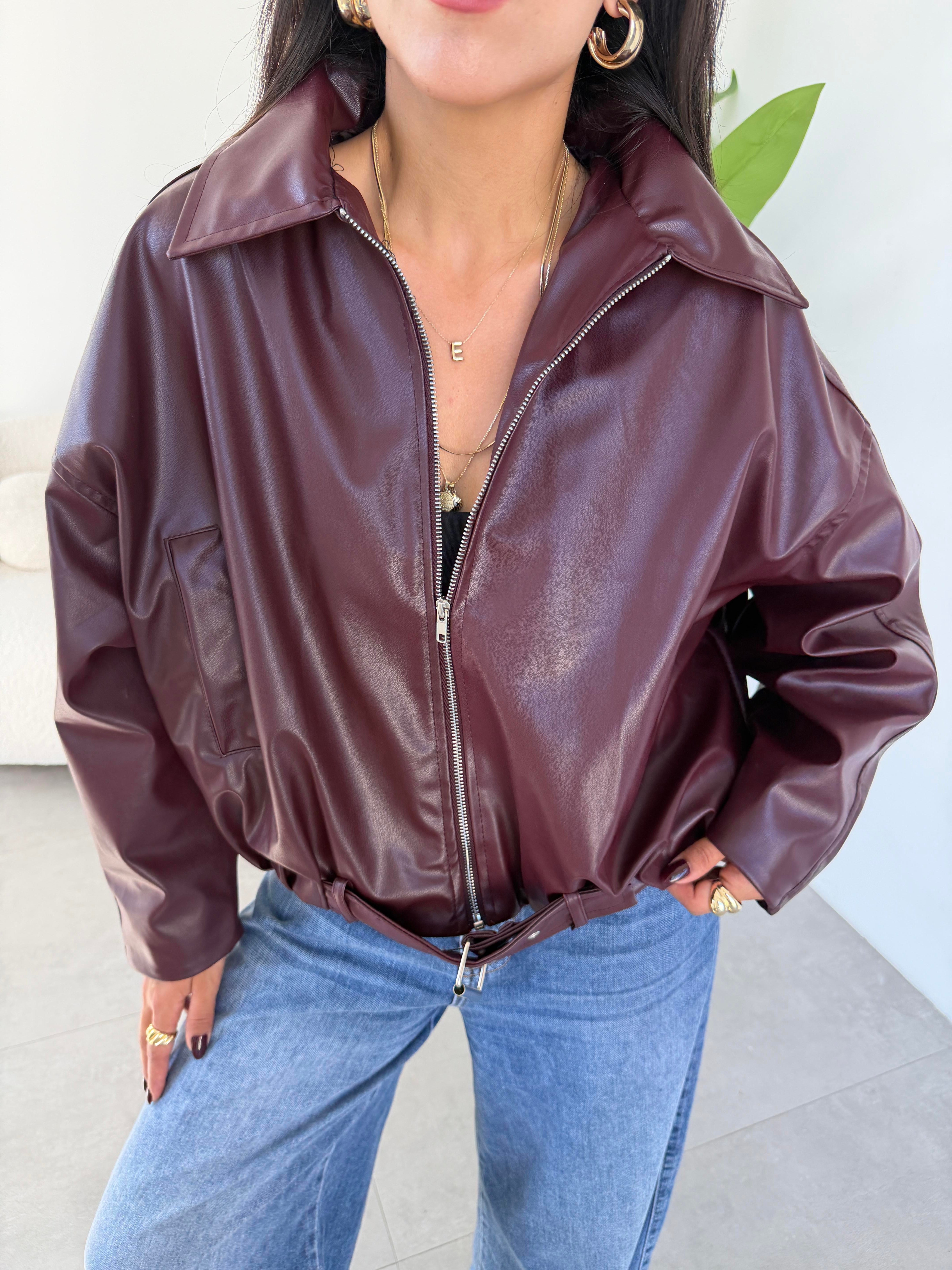 Bordo Deri Kemerli Bomber Ceket