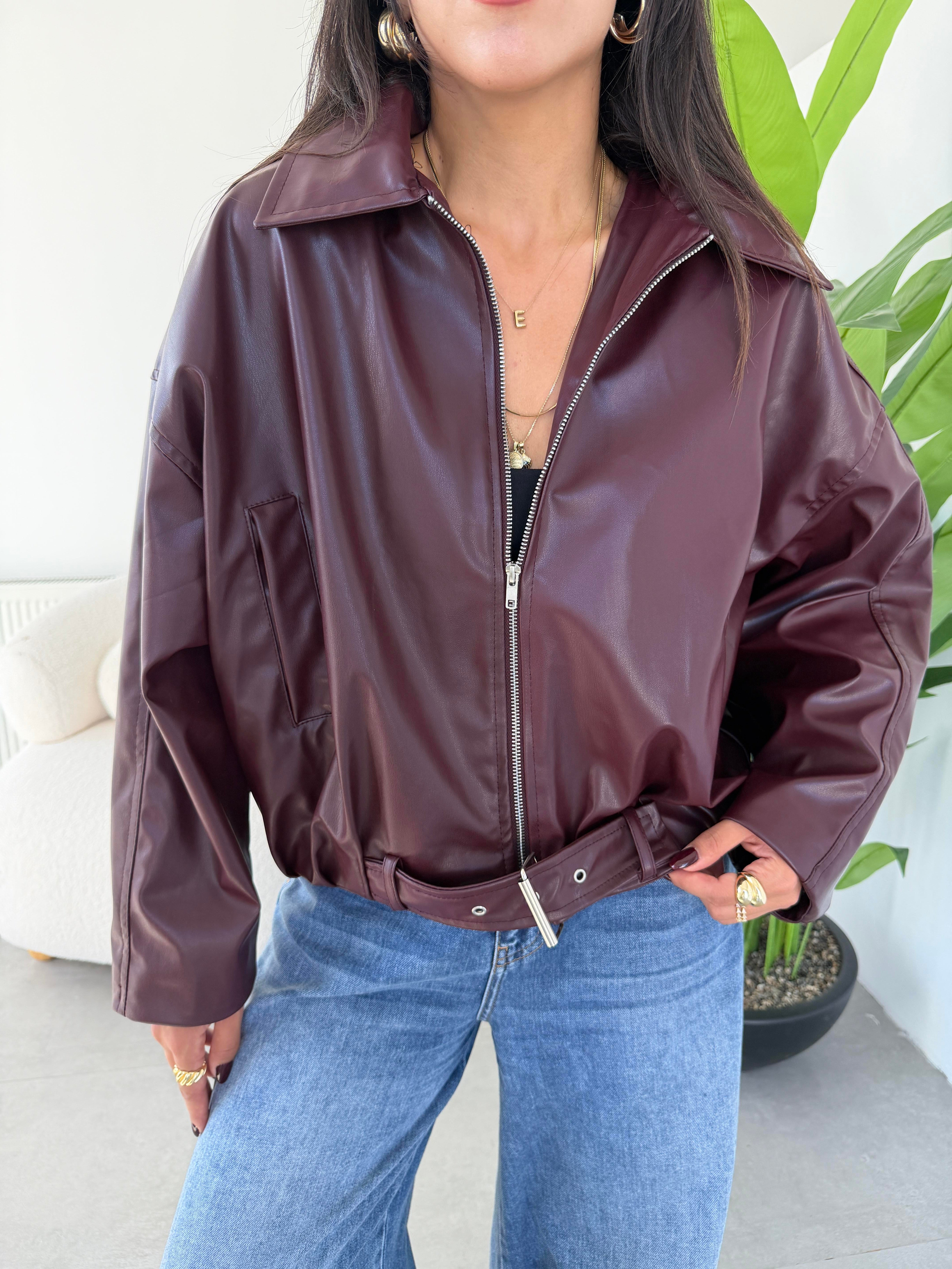 Bordo Deri Kemerli Bomber Ceket