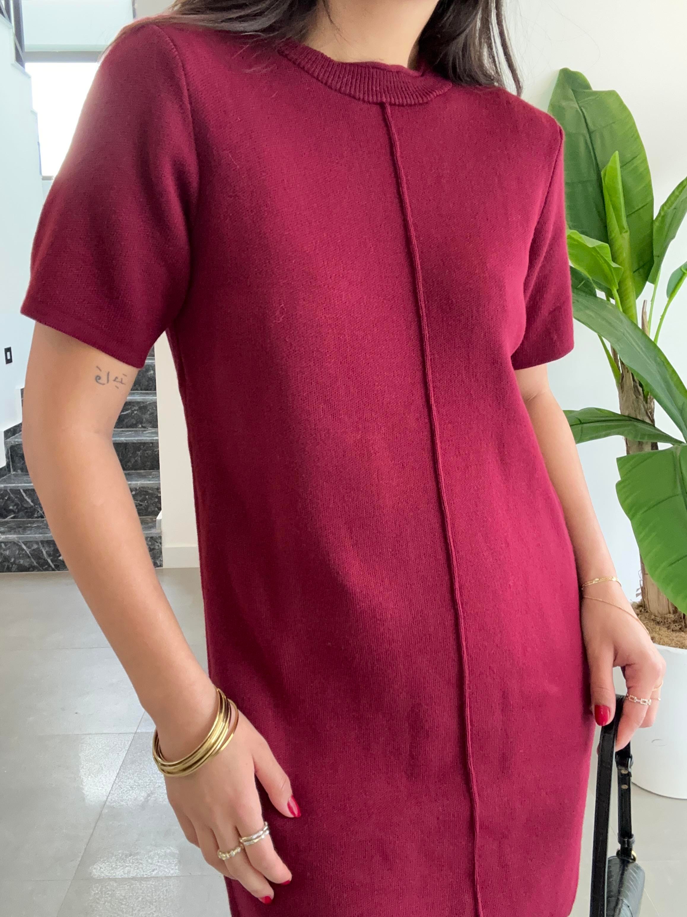 Bordo Dikiş Detaylı Triko Elbise