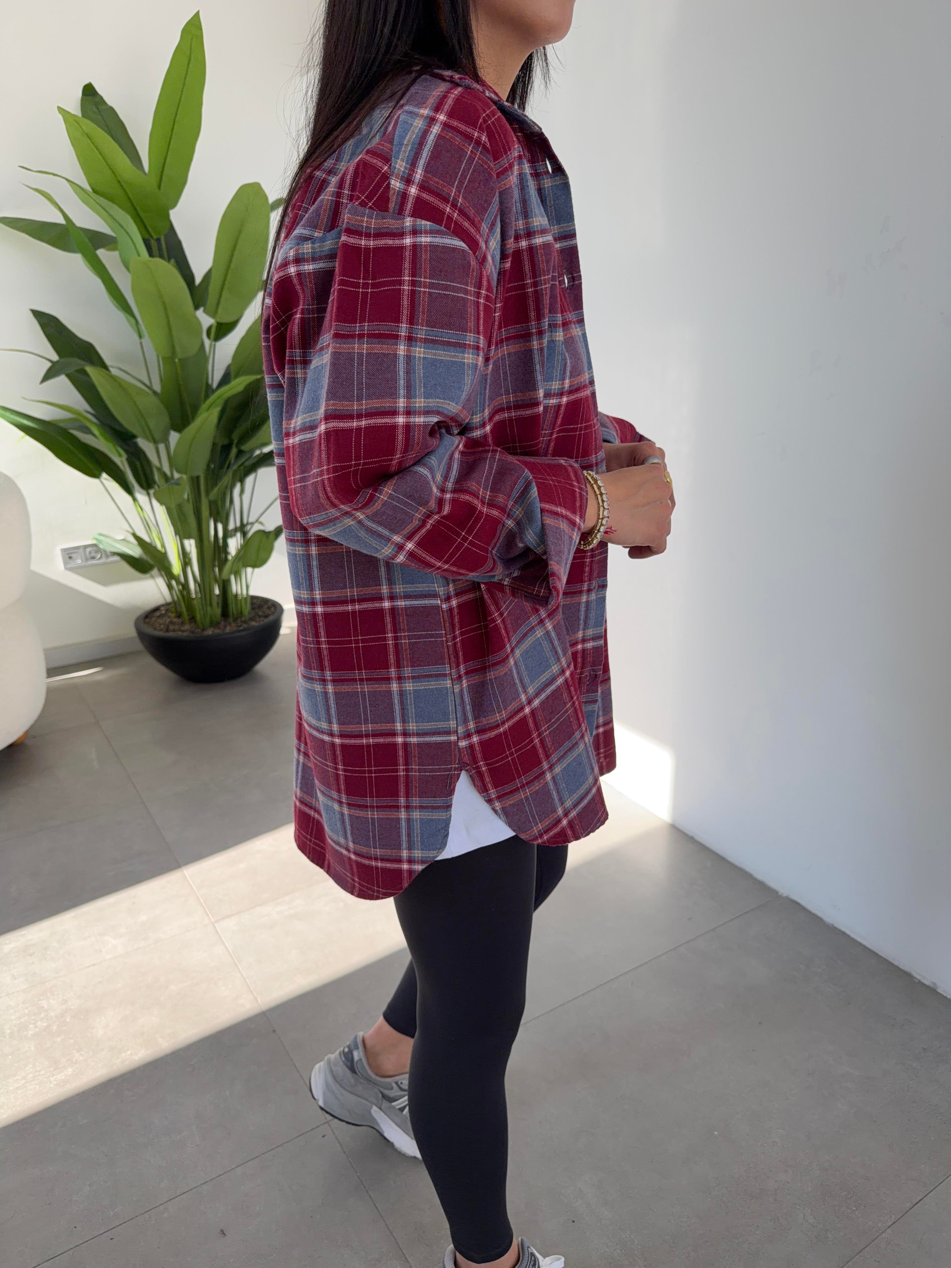 Bordo Ekose Pamuk Oversize Gömlek