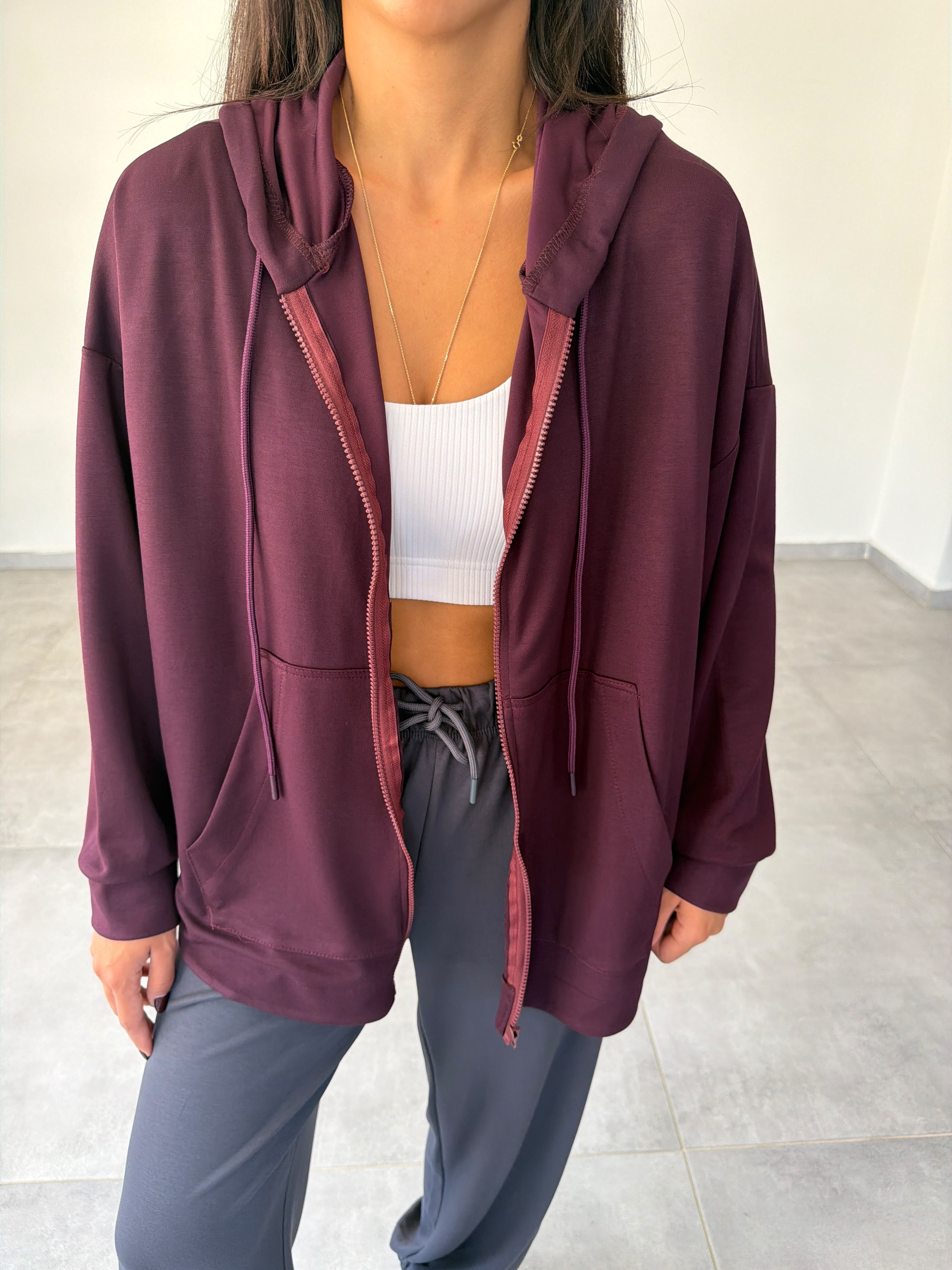 Bordo Kapüşonlu Fermuarlı Rahat Kesim Sweatshirt