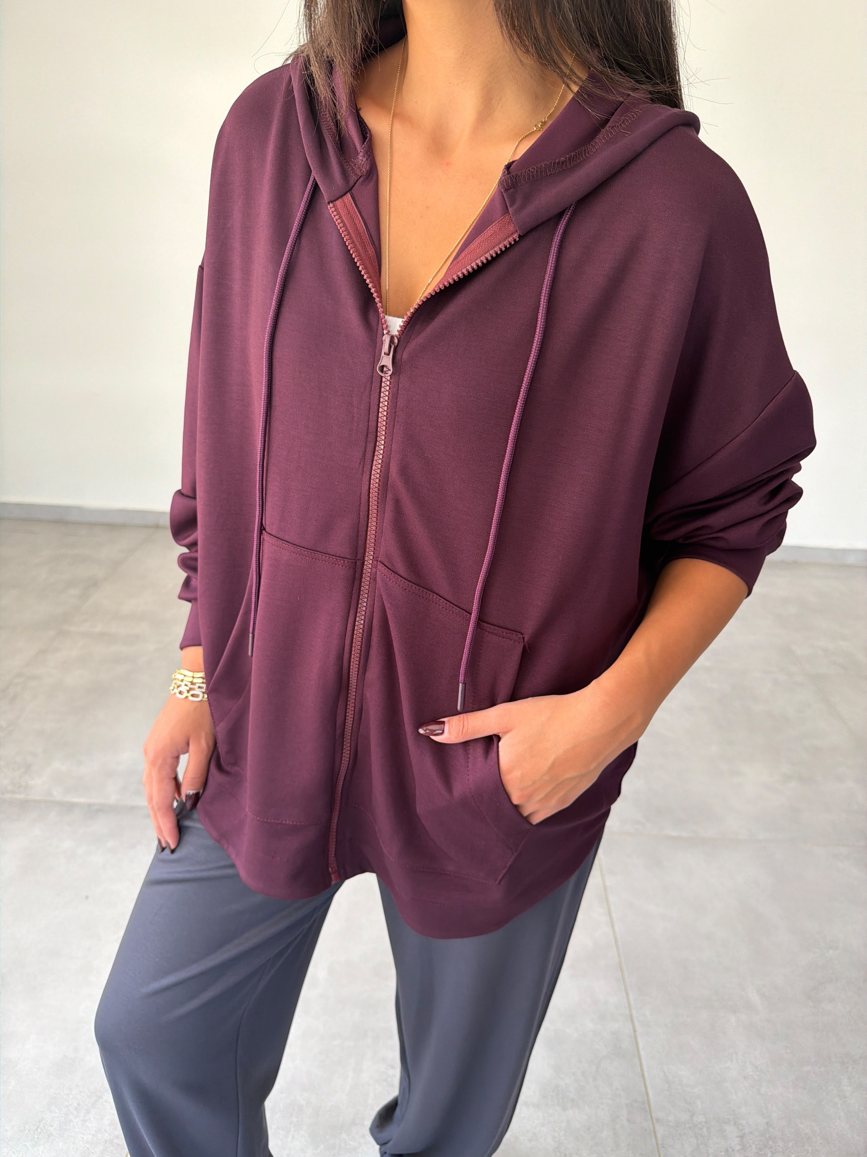 Bordo Kapüşonlu Fermuarlı Rahat Kesim Sweatshirt