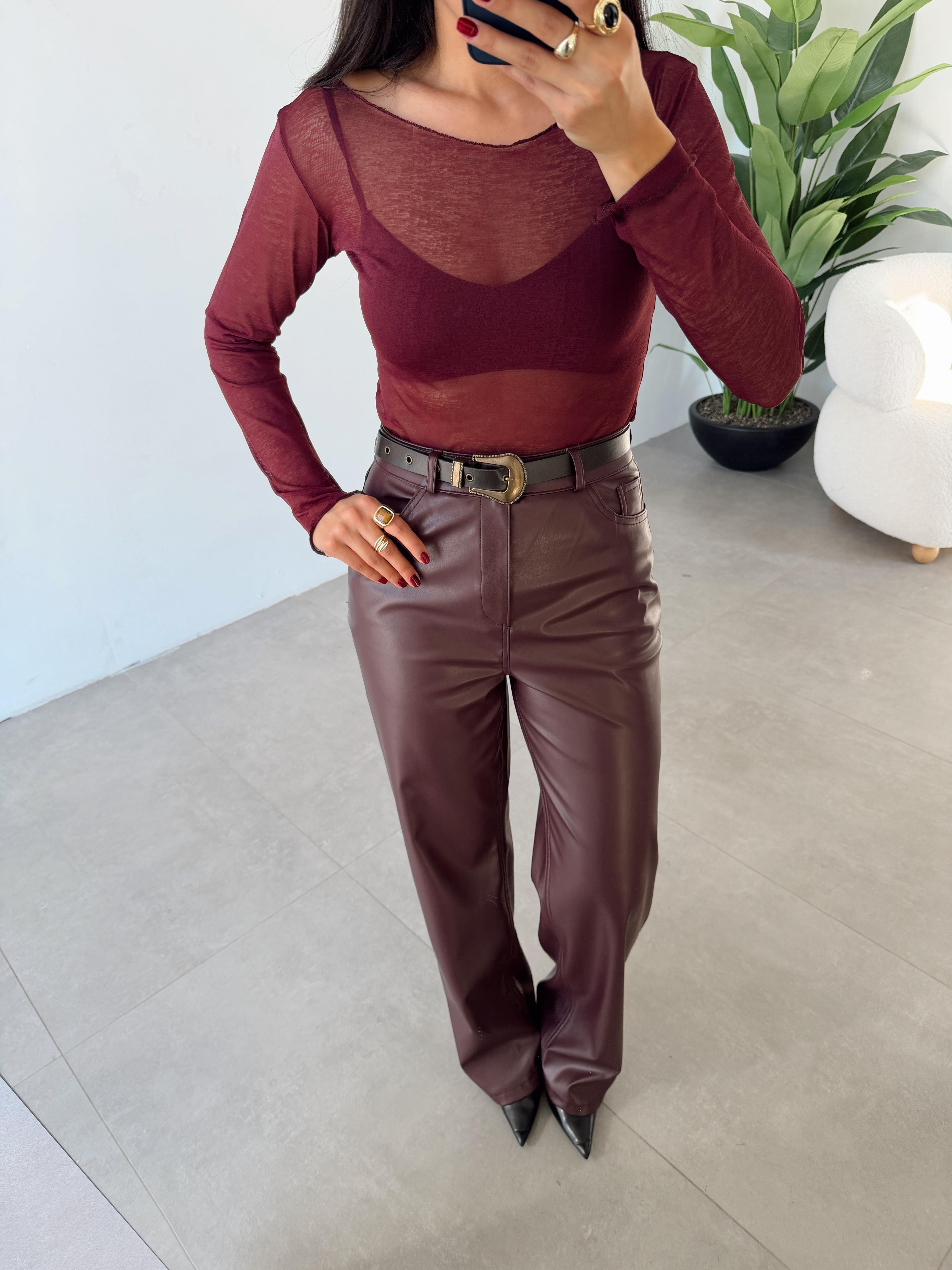 Bordo Kayık Yaka Transparan Bluz