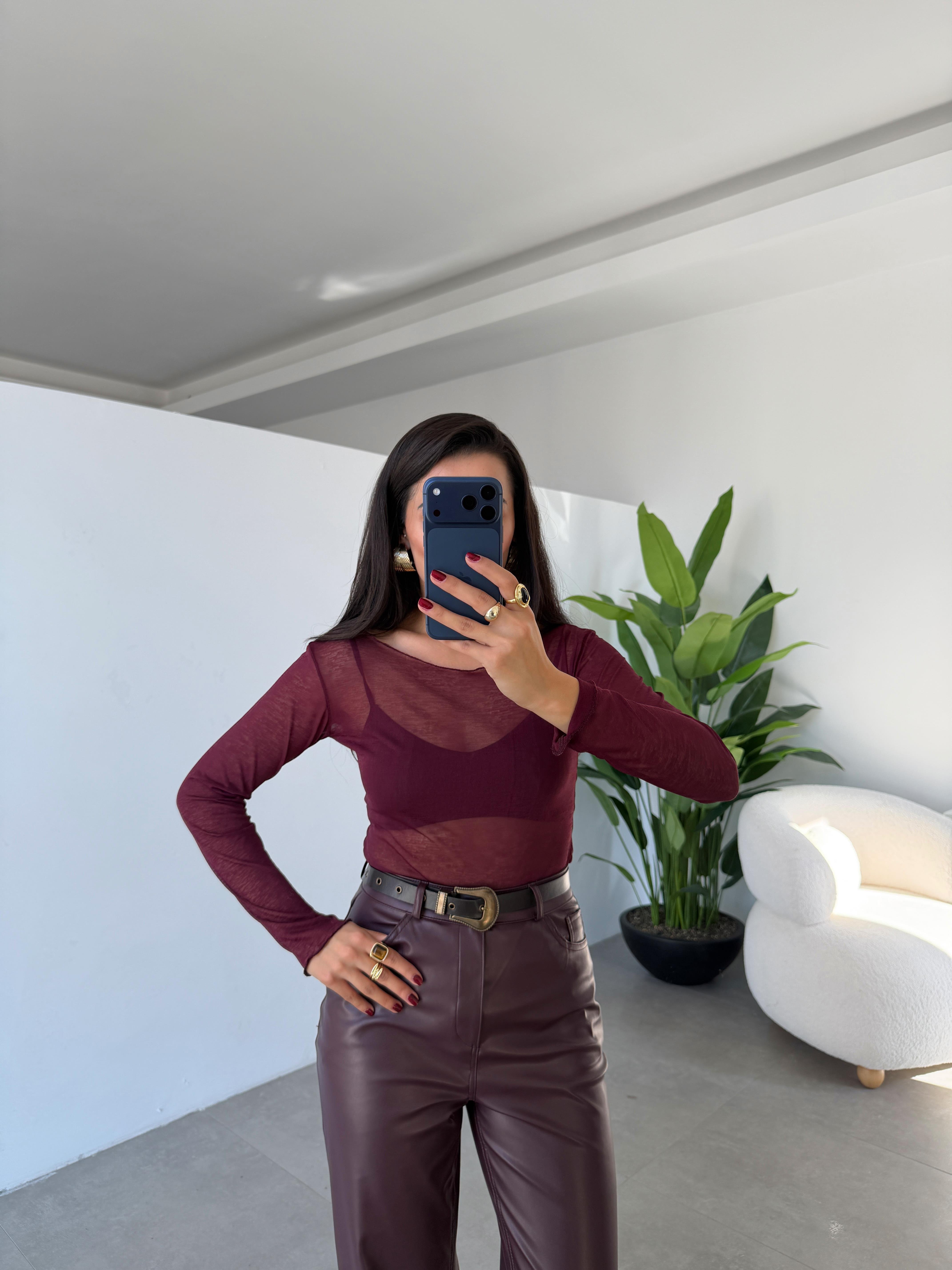 Bordo Kayık Yaka Transparan Bluz