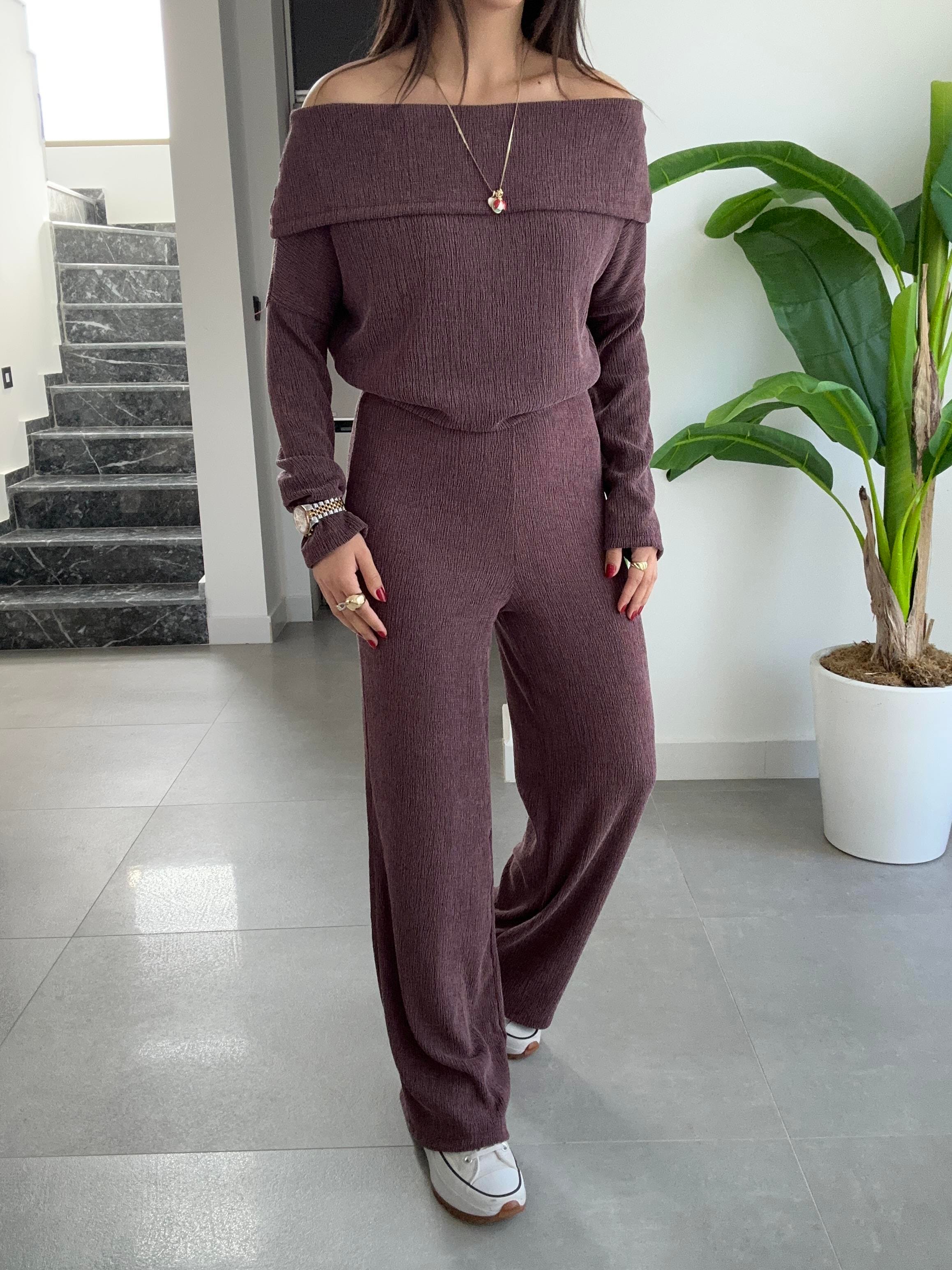 Bordo Kırinkıl Madonna Yaka Kemersiz Pantolon Takım