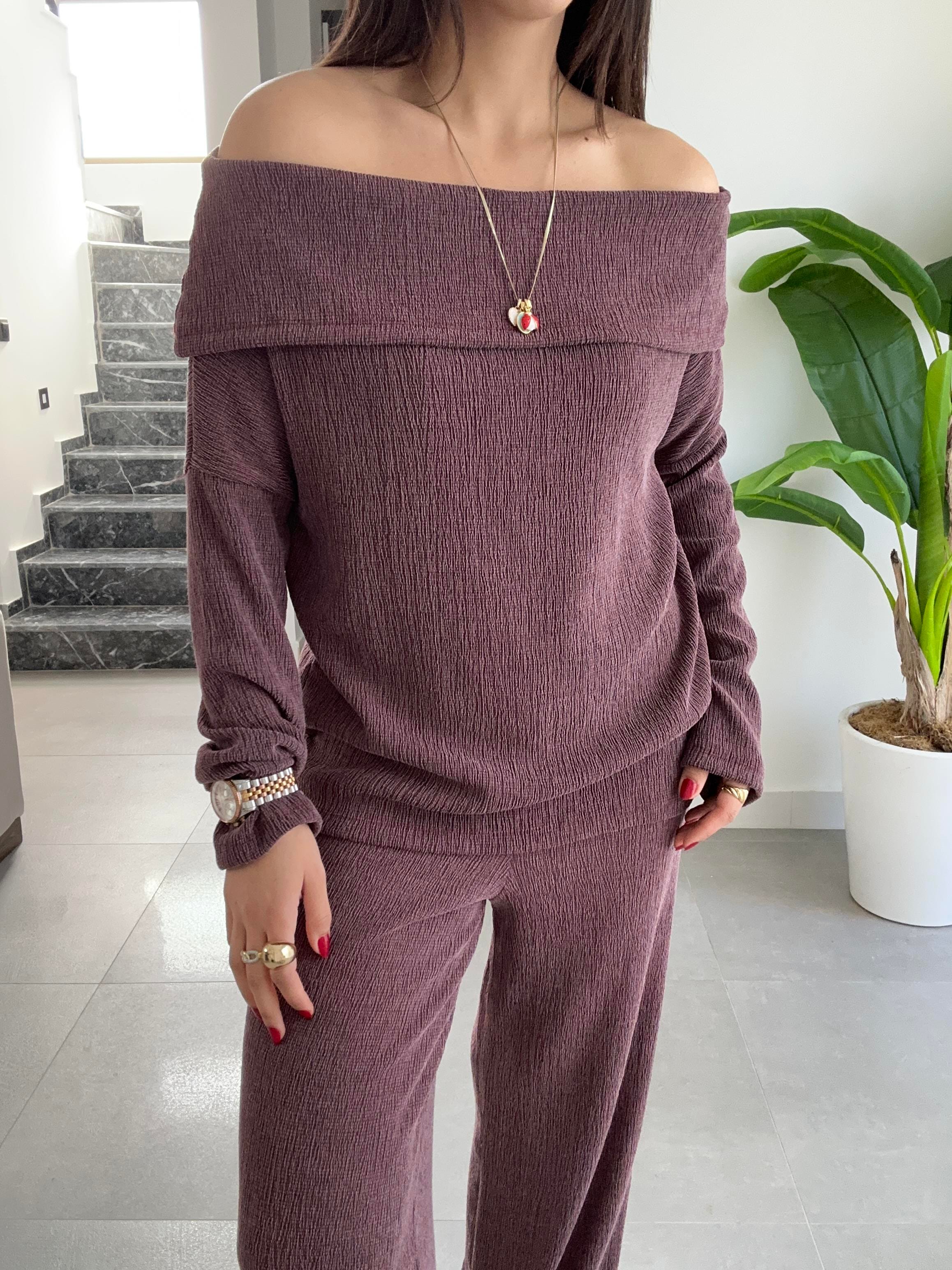 Bordo Kırinkıl Madonna Yaka Kemersiz Pantolon Takım