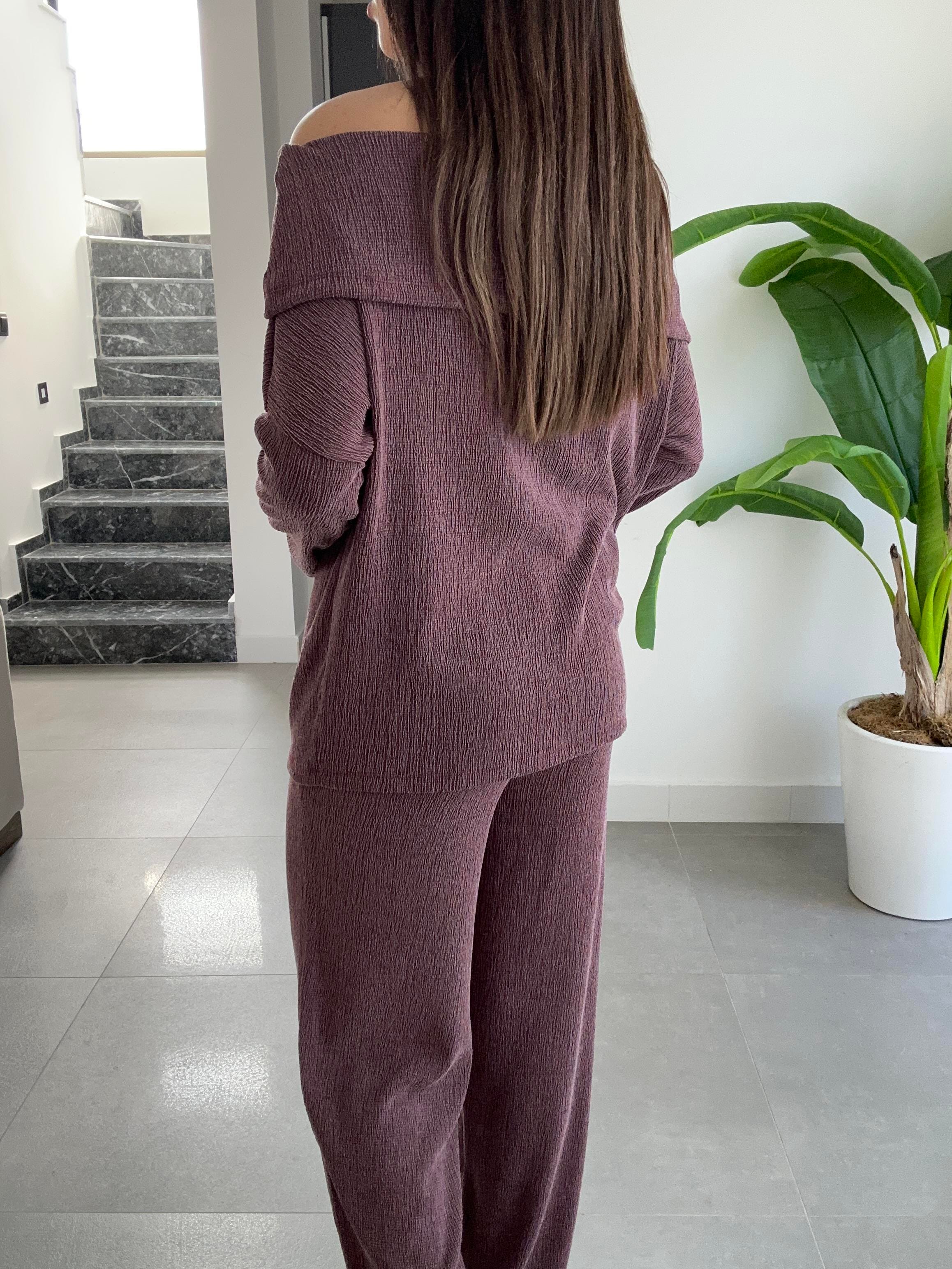 Bordo Kırinkıl Madonna Yaka Kemersiz Pantolon Takım