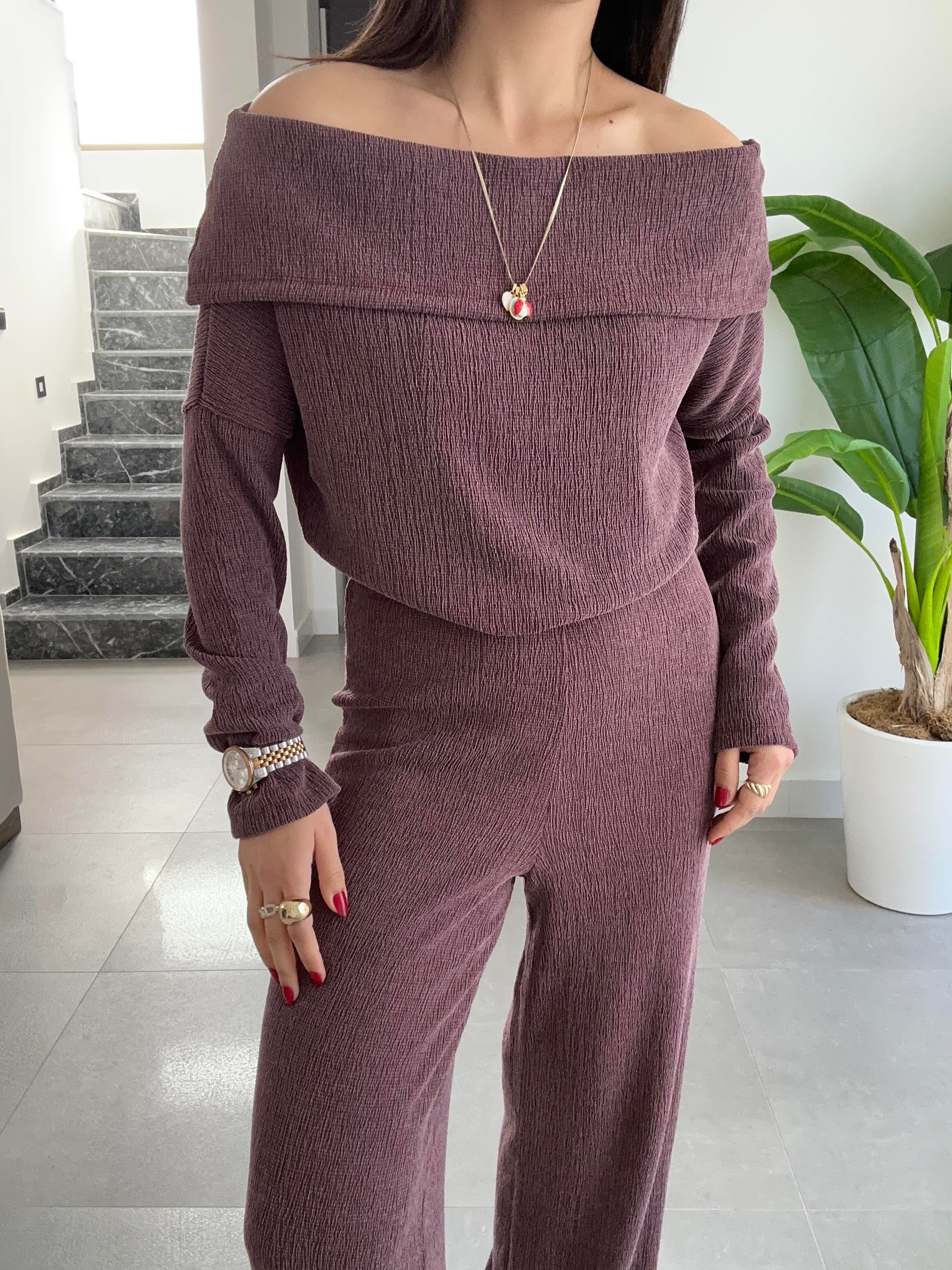 Bordo Kırinkıl Madonna Yaka Kemersiz Pantolon Takım