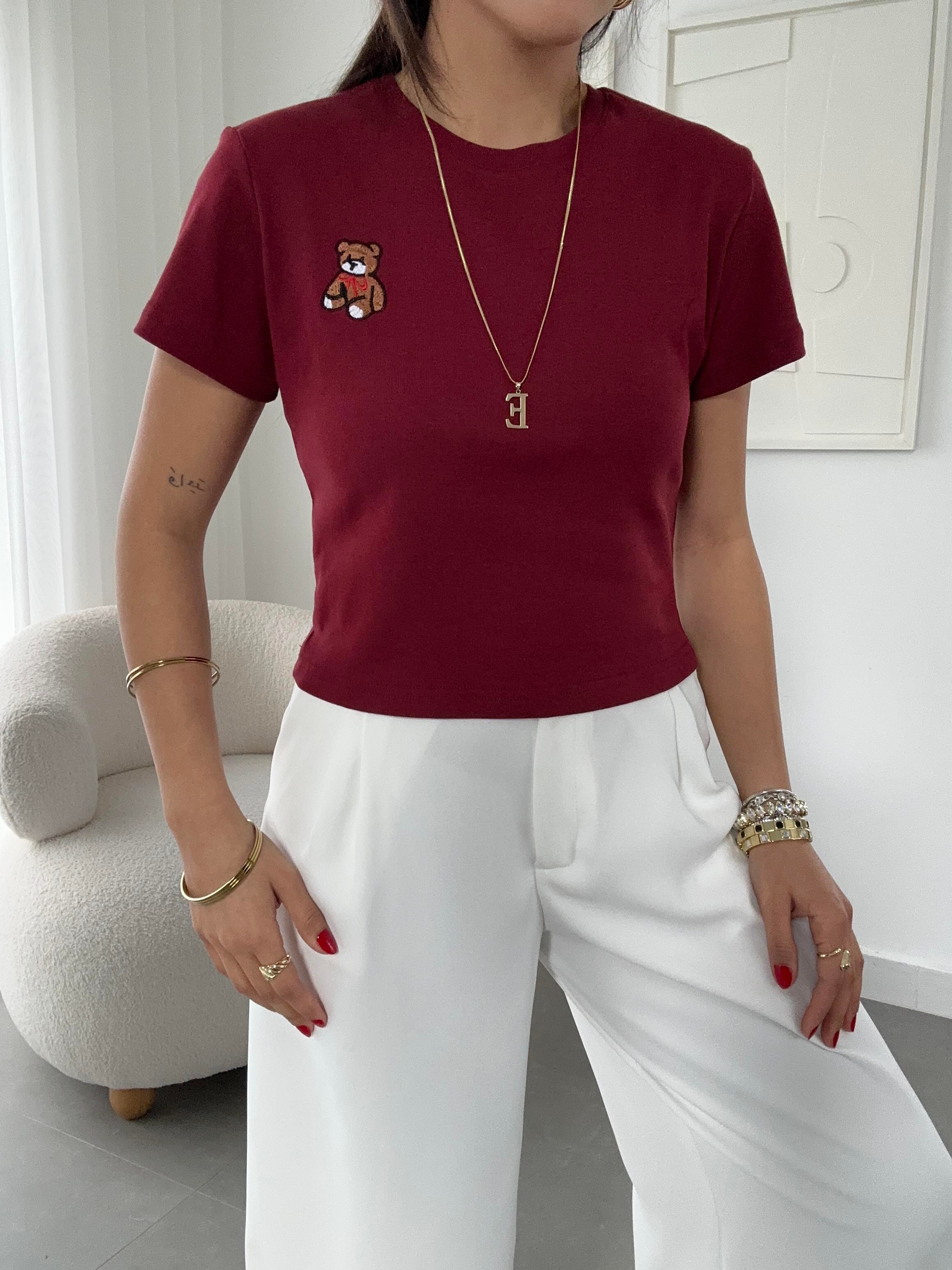 Bordo Küçük Tedy Nakışlı Tshirt