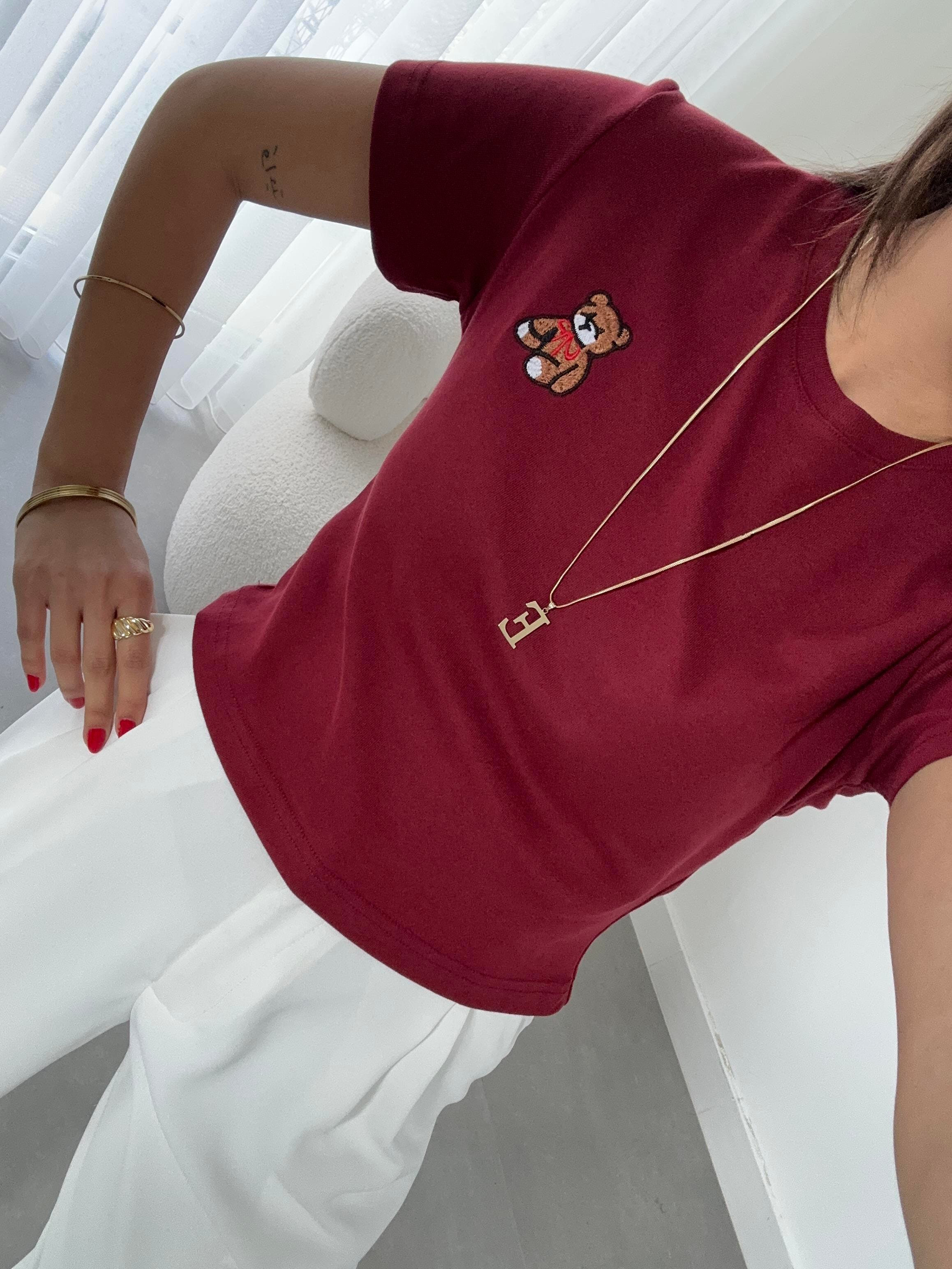 Bordo Küçük Tedy Nakışlı Tshirt