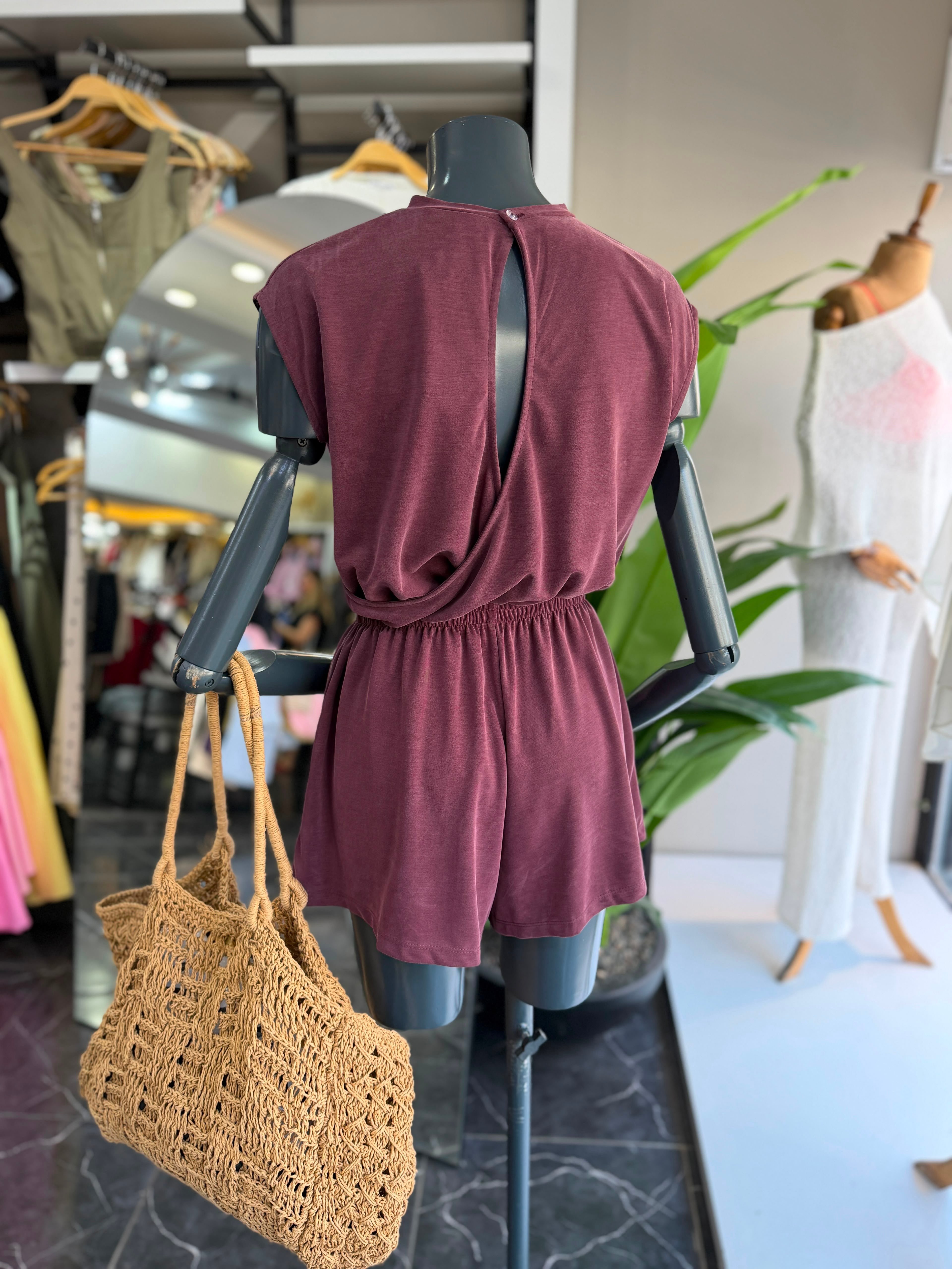 Bordo Modal Şort Tulum