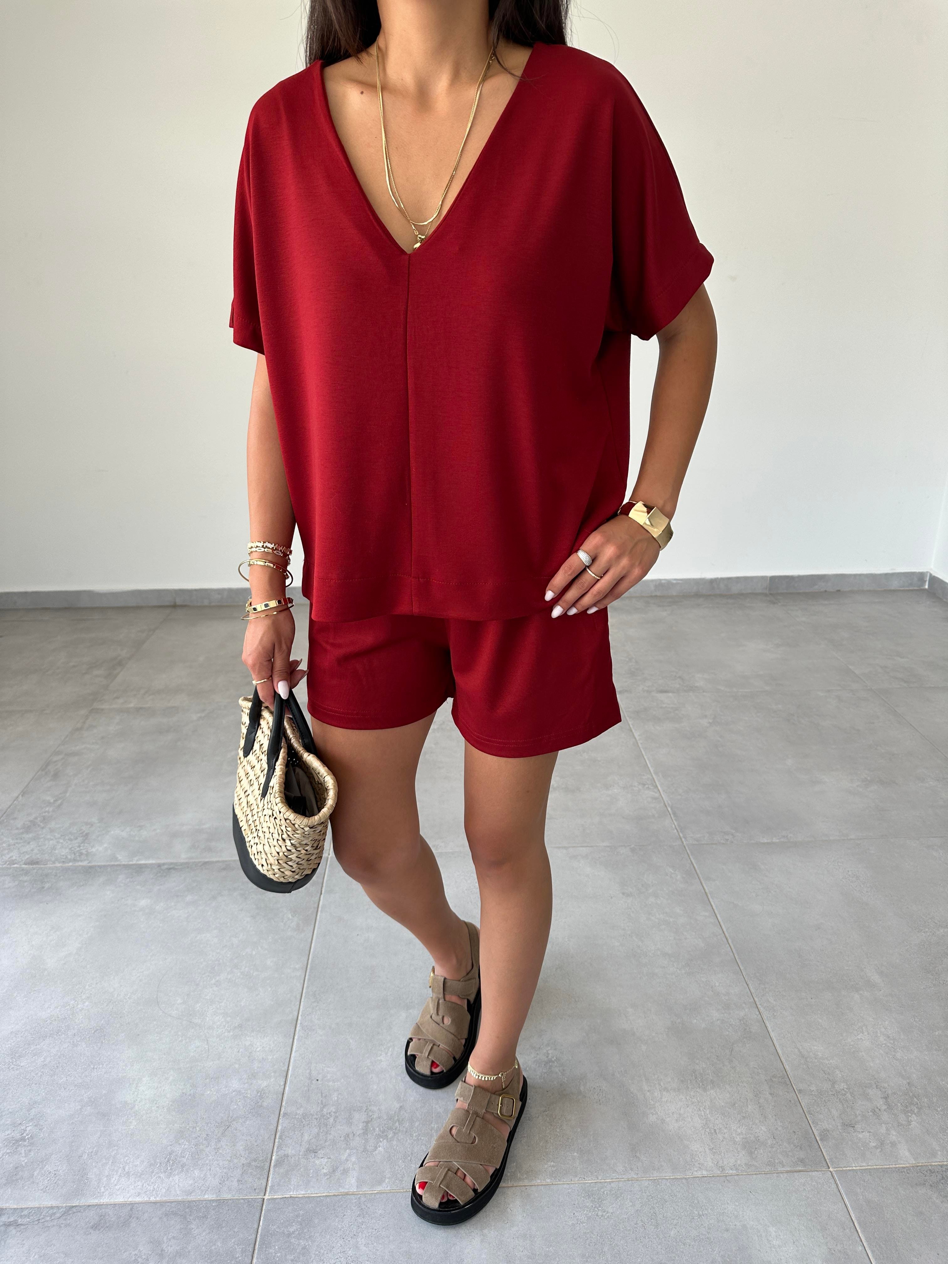 Bordo Modal Şortlu Tshirt Takım