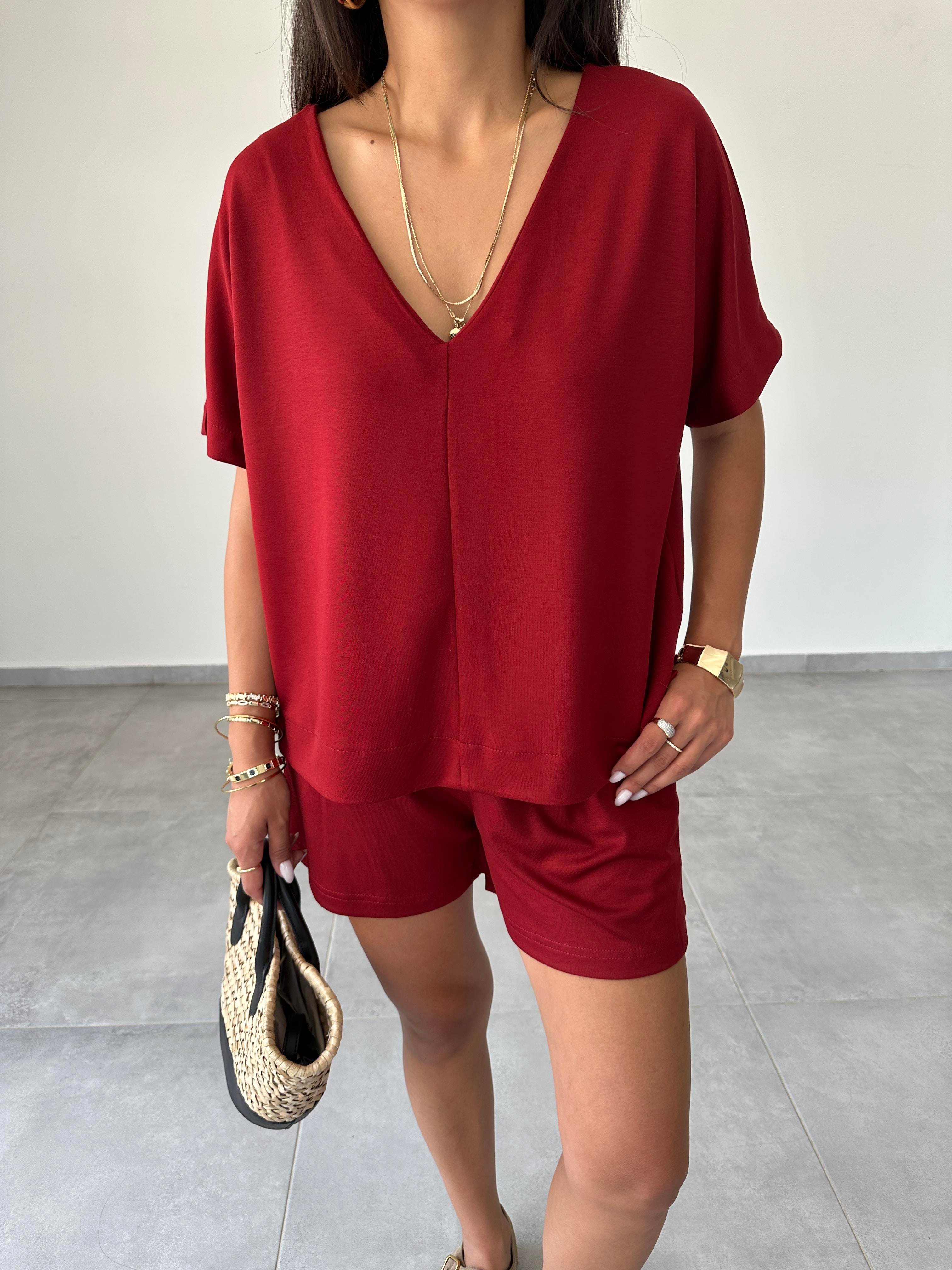 Bordo Modal Şortlu Tshirt Takım