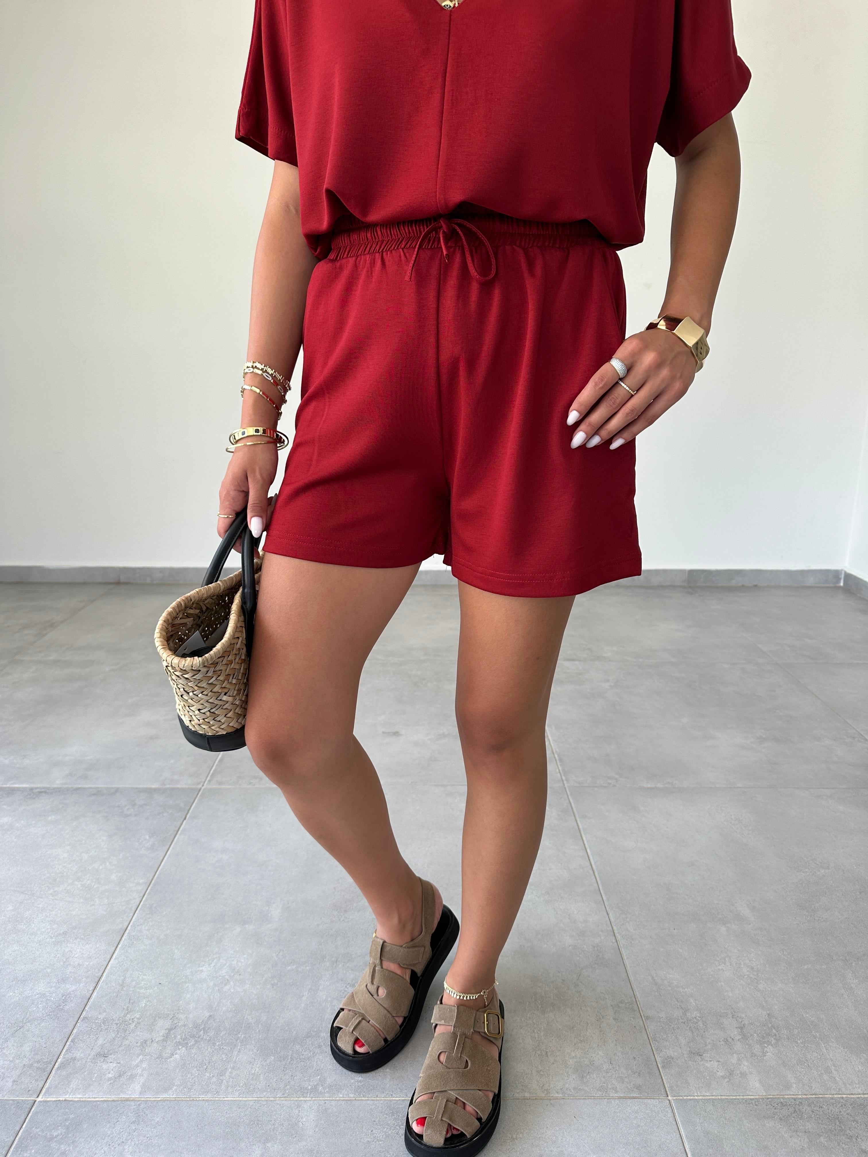 Bordo Modal Şortlu Tshirt Takım