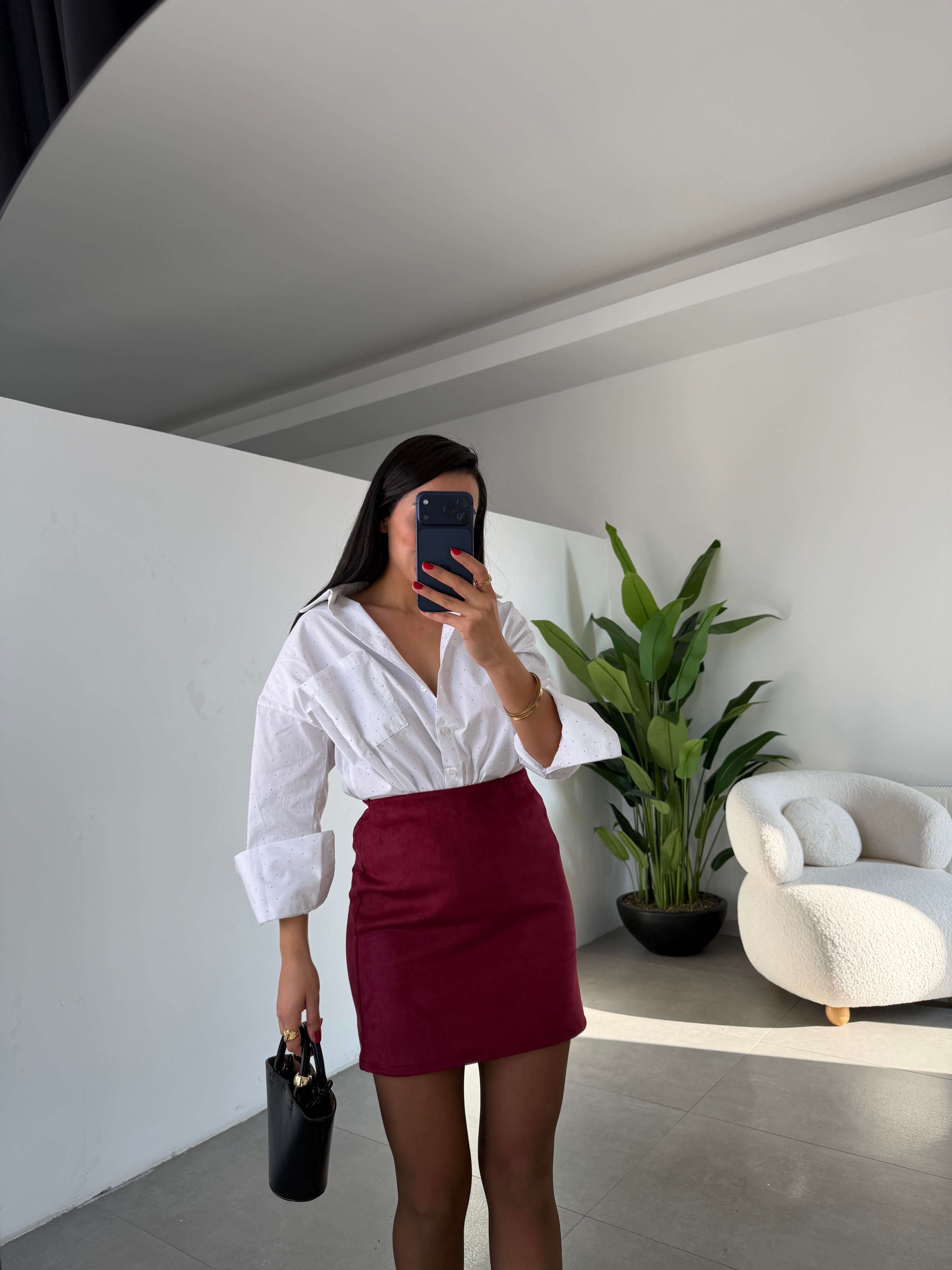 Bordo Nubuk Belik Lastikli Mini Etek