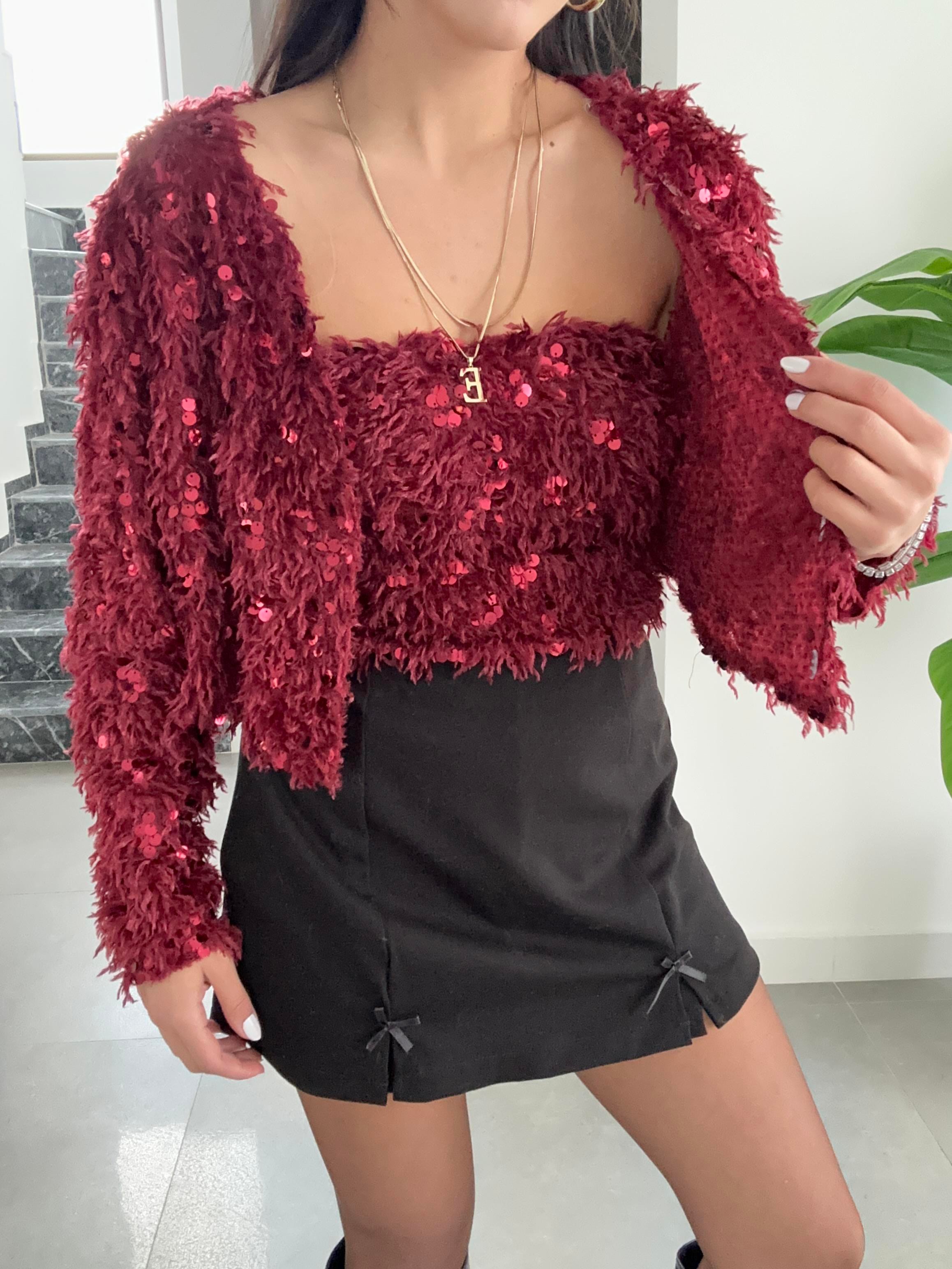 Bordo Pullu Kırçıllı Hırka