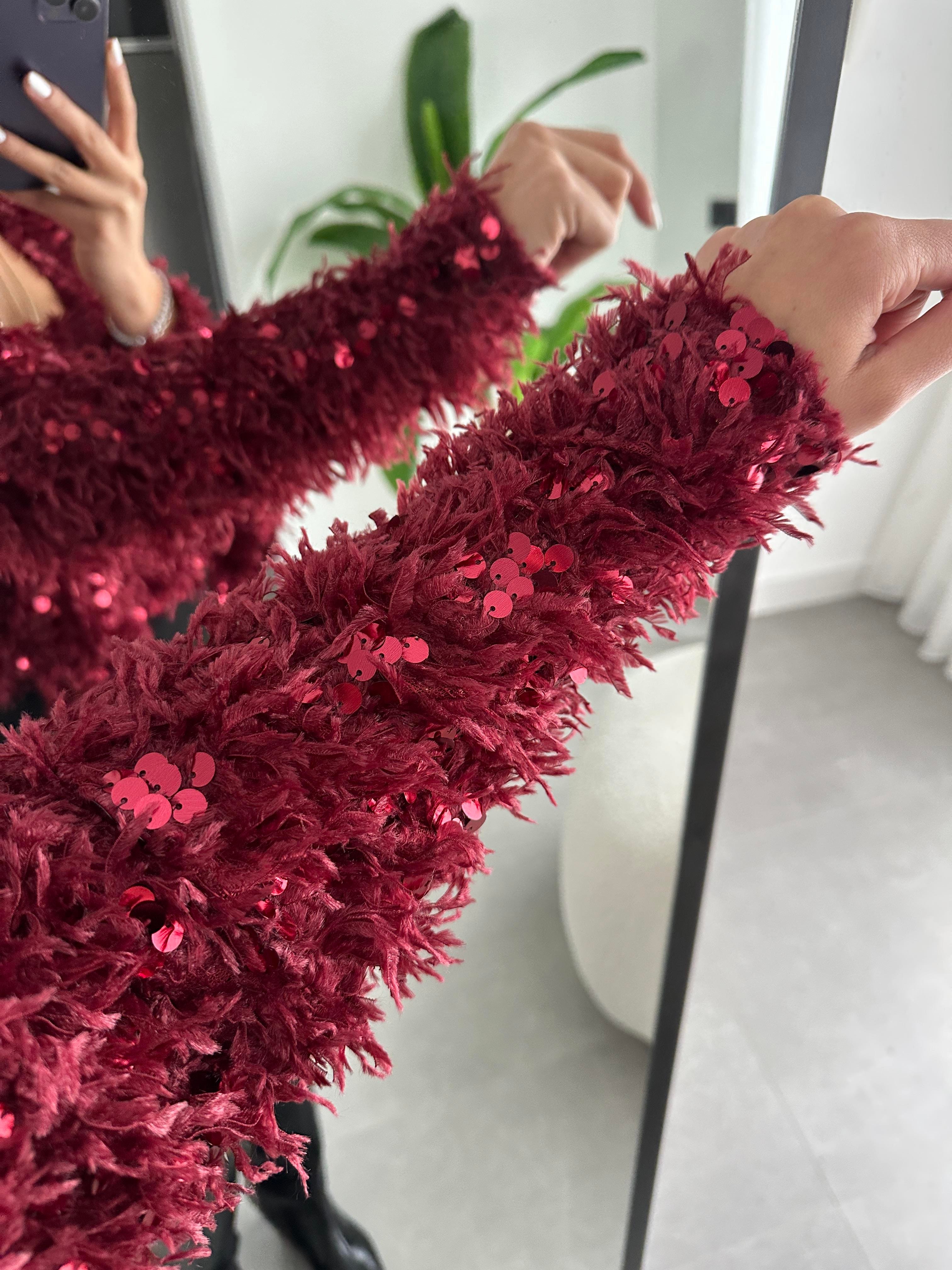 Bordo Pullu Kırçıllı Hırka