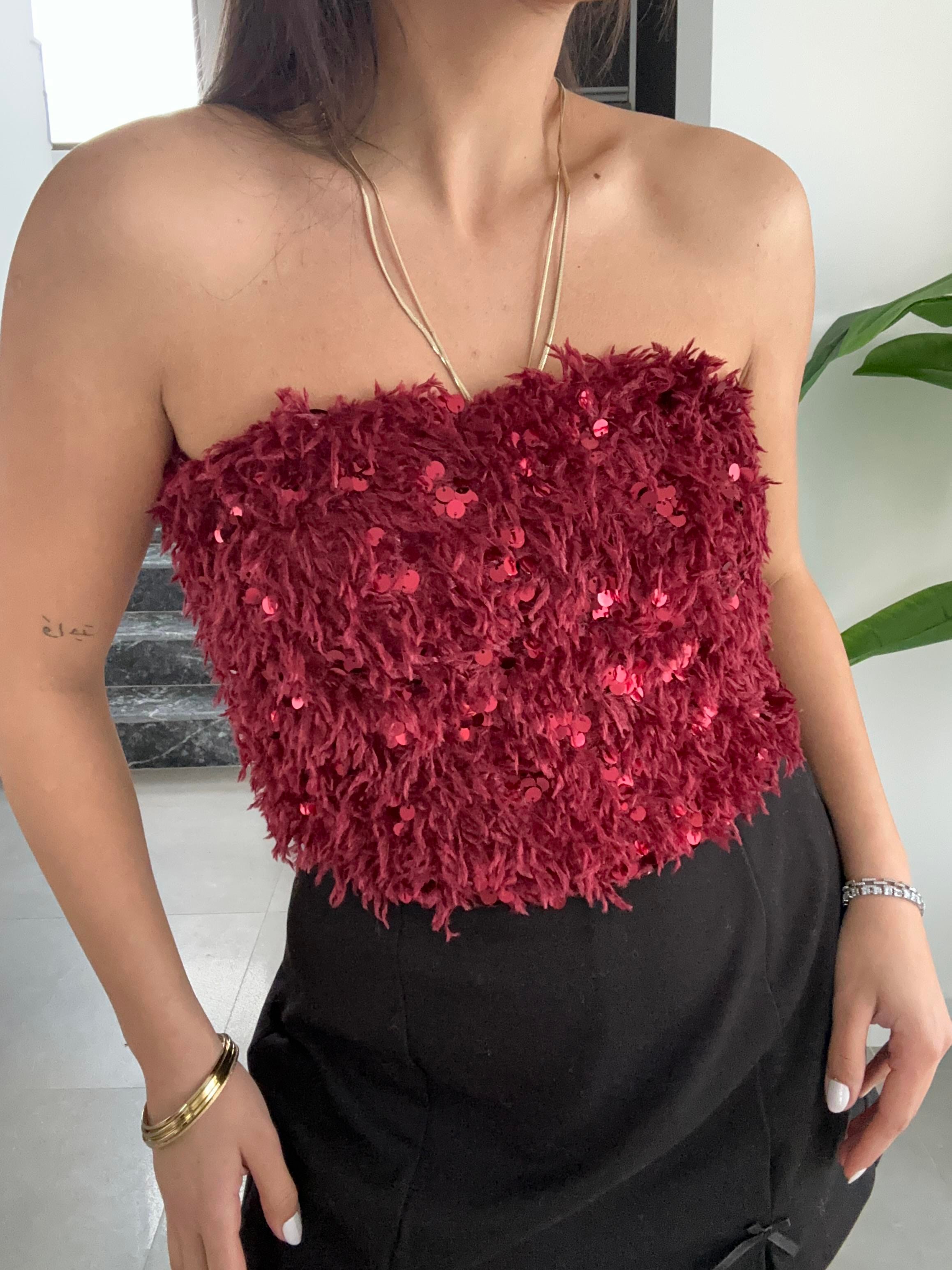 Bordo Pullu Kırçıllı Straplez Top