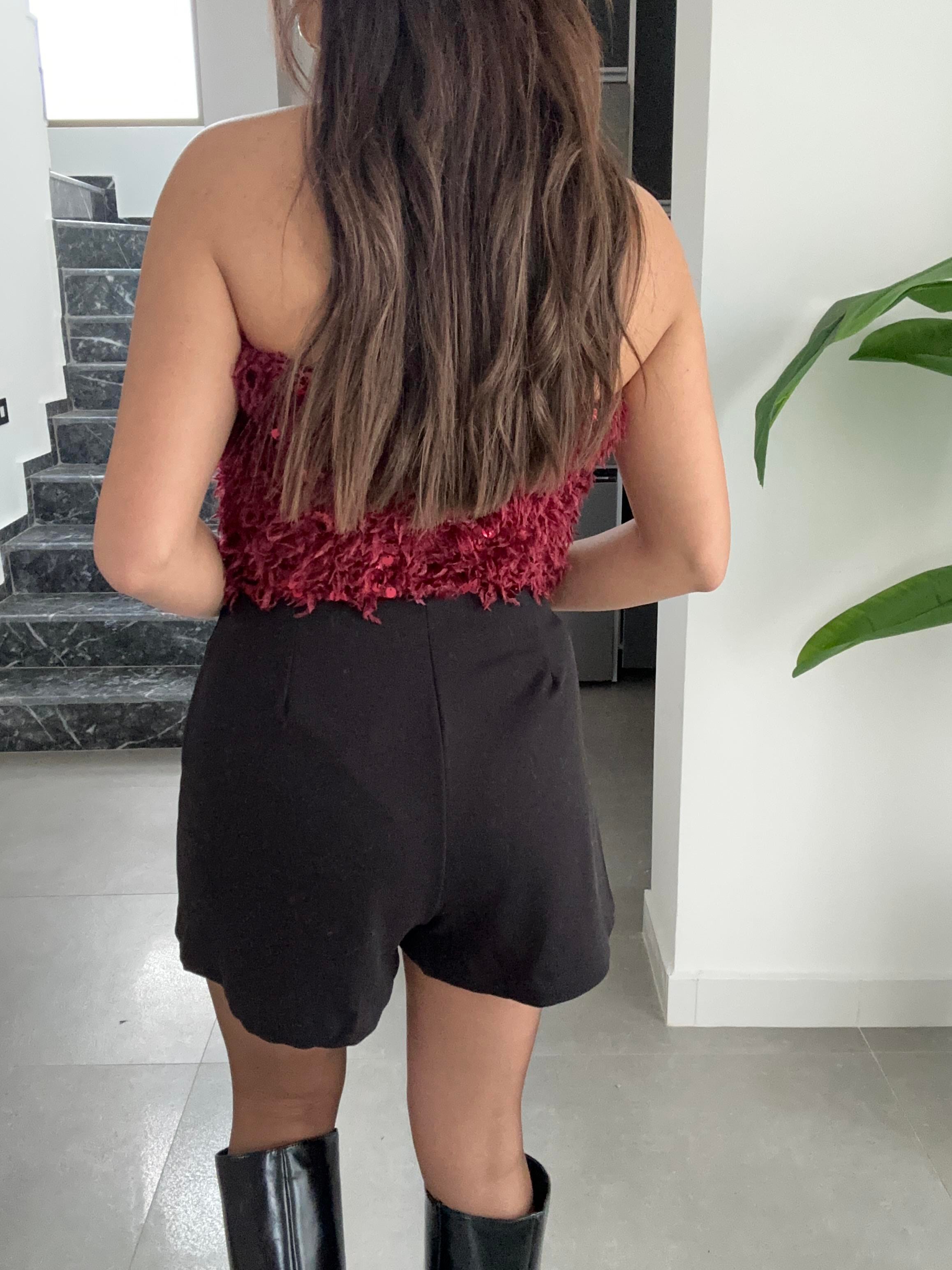 Bordo Pullu Kırçıllı Straplez Top