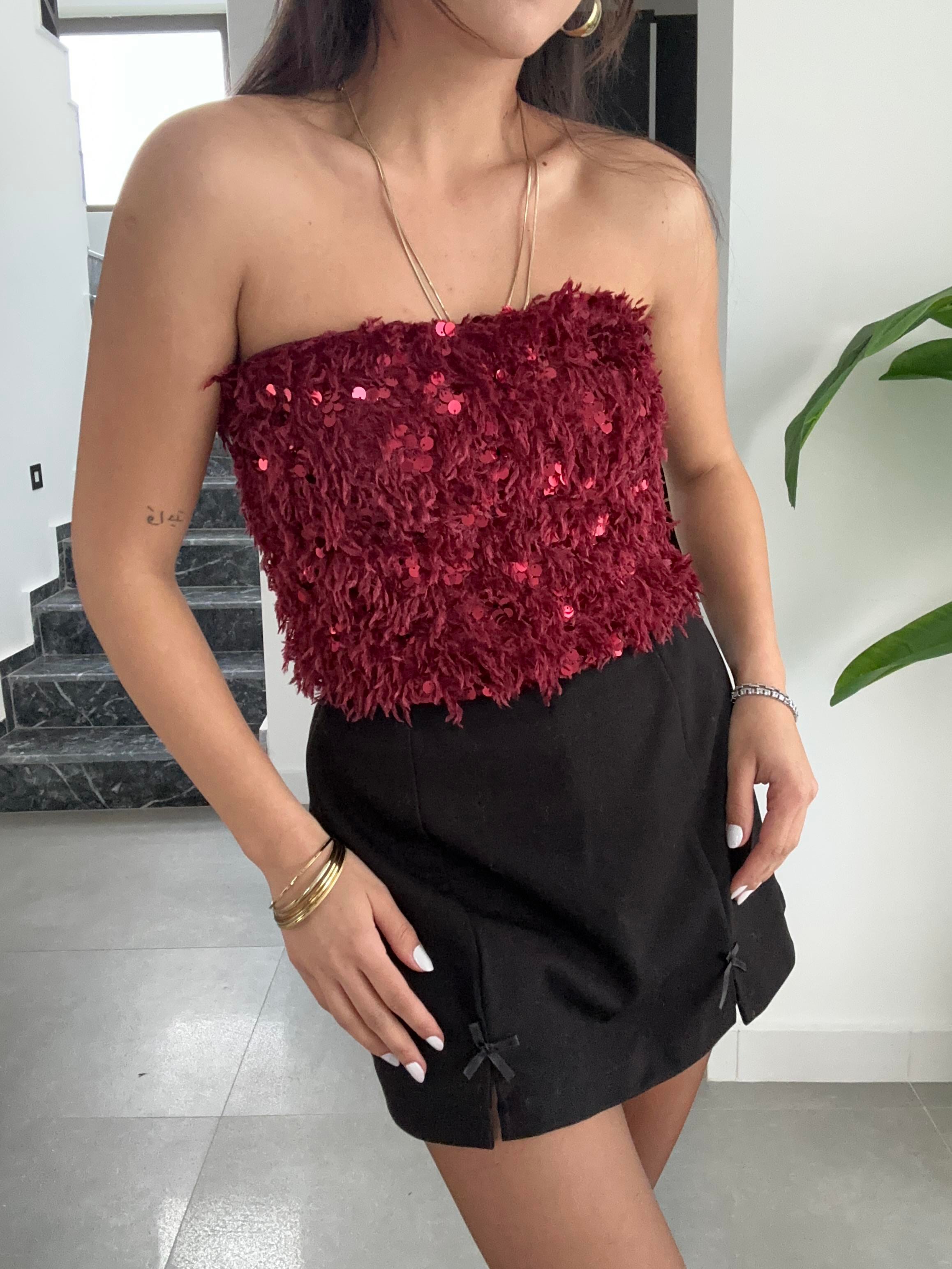 Bordo Pullu Kırçıllı Straplez Top