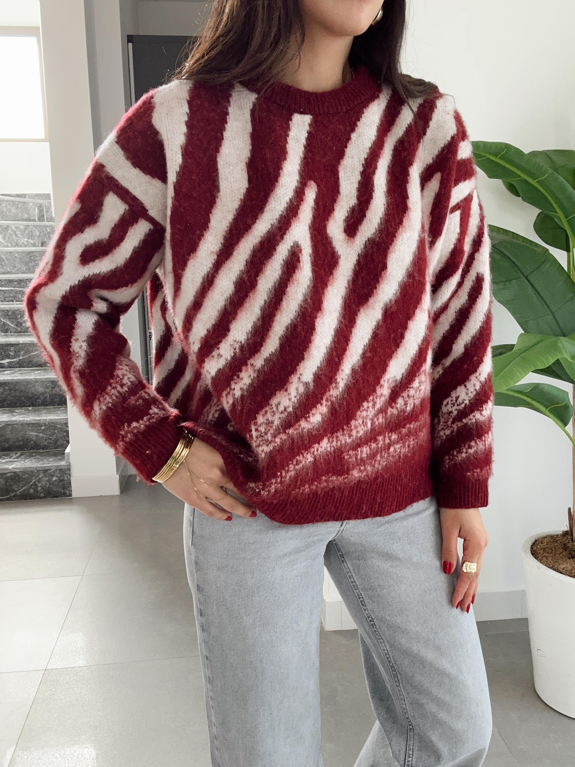 Bordo-Taş Zebra Desen Triko Kazak