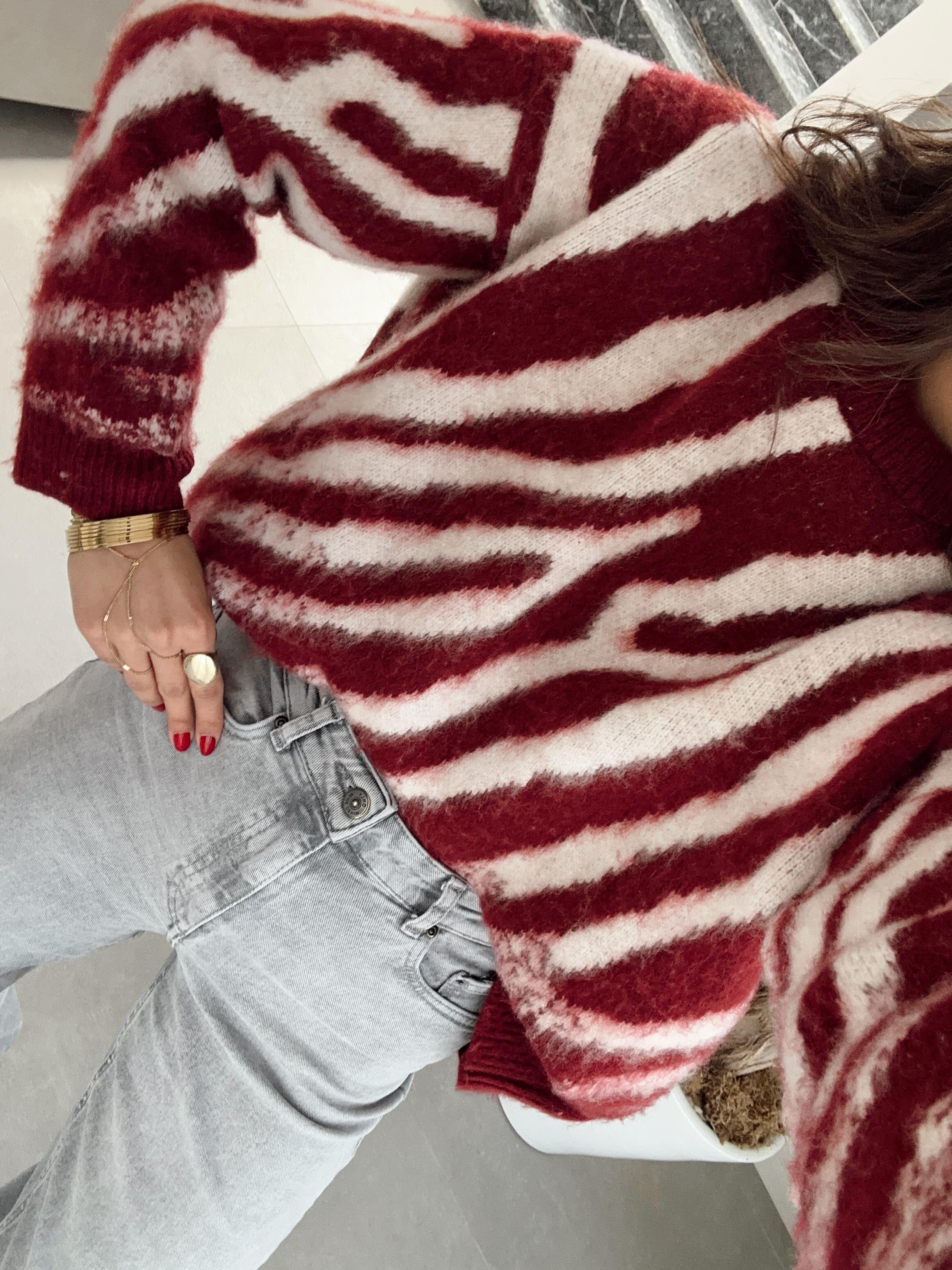 Bordo-Taş Zebra Desen Triko Kazak