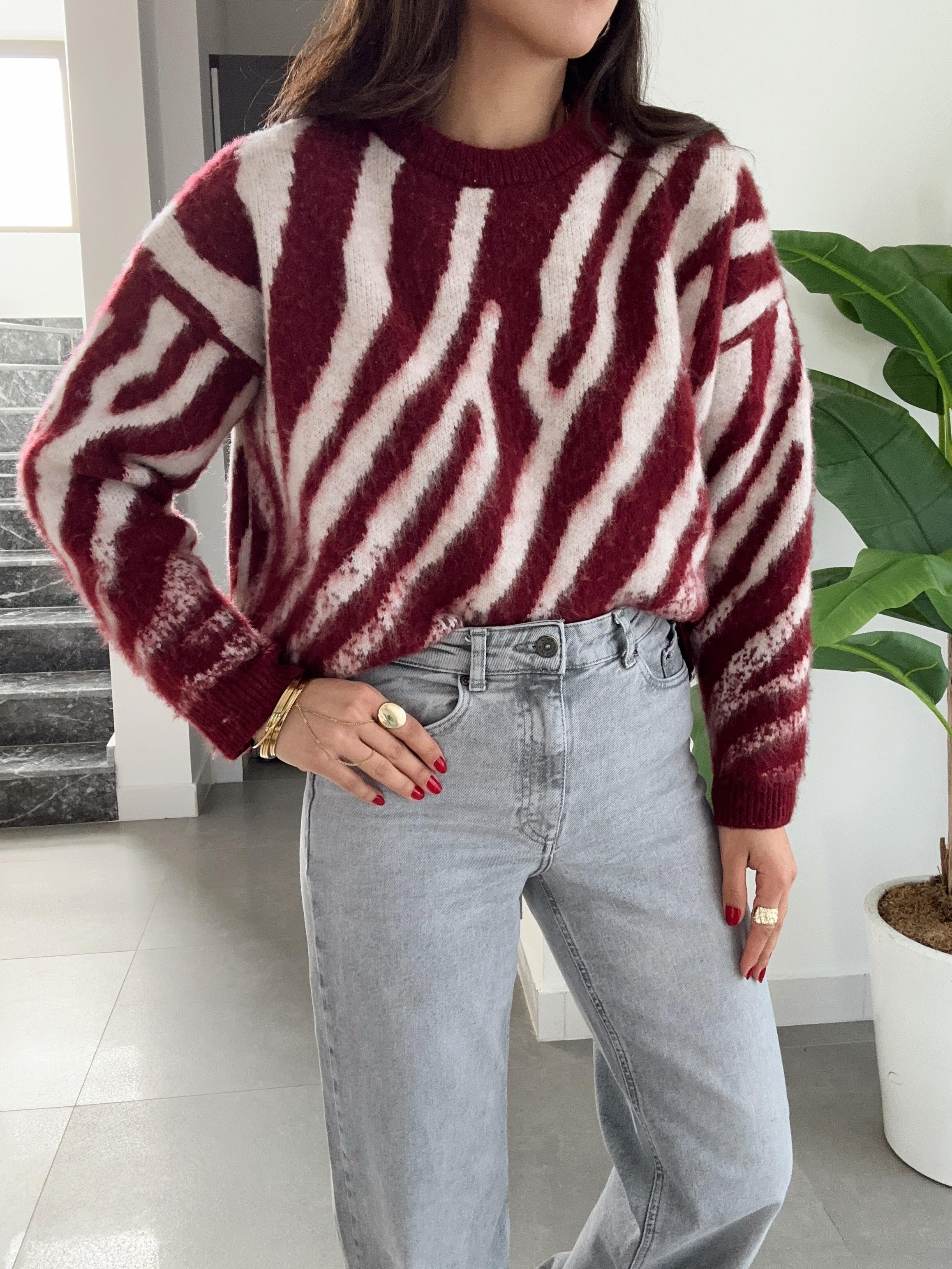 Bordo-Taş Zebra Desen Triko Kazak