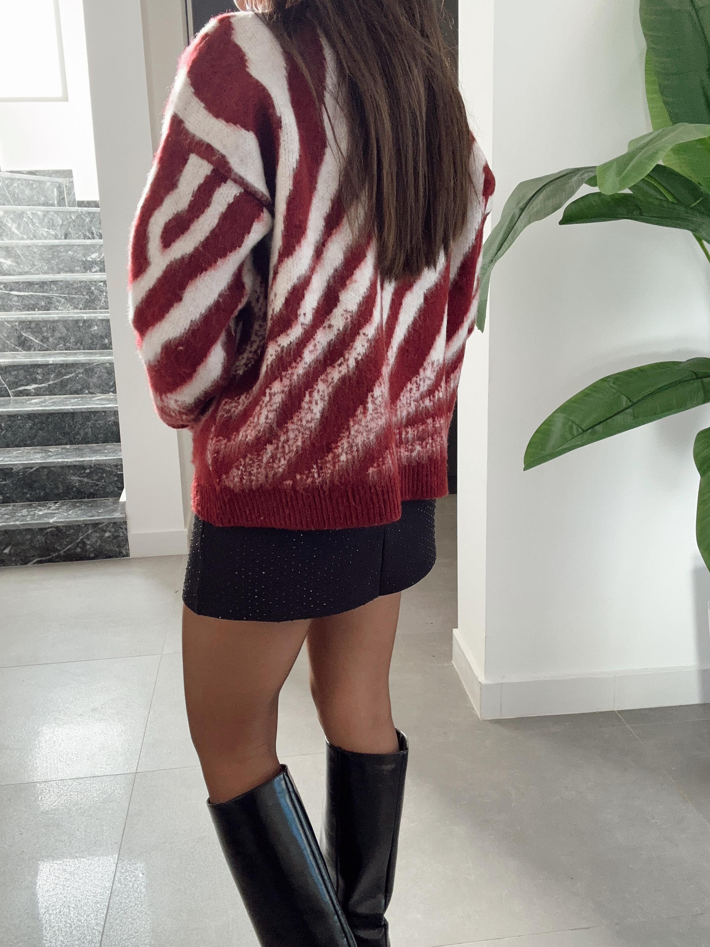 Bordo-Taş Zebra Desen Triko Kazak