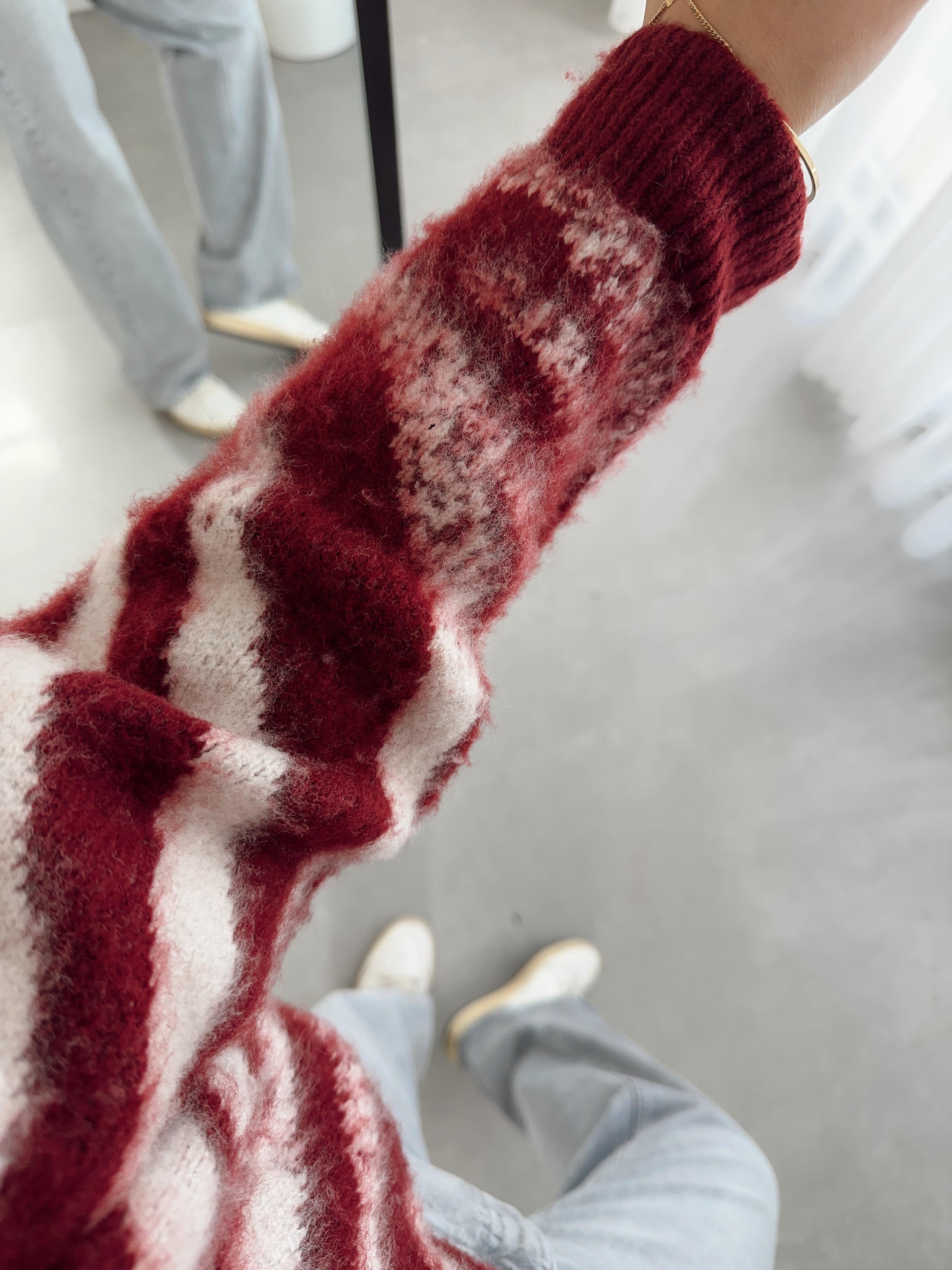Bordo-Taş Zebra Desen Triko Kazak