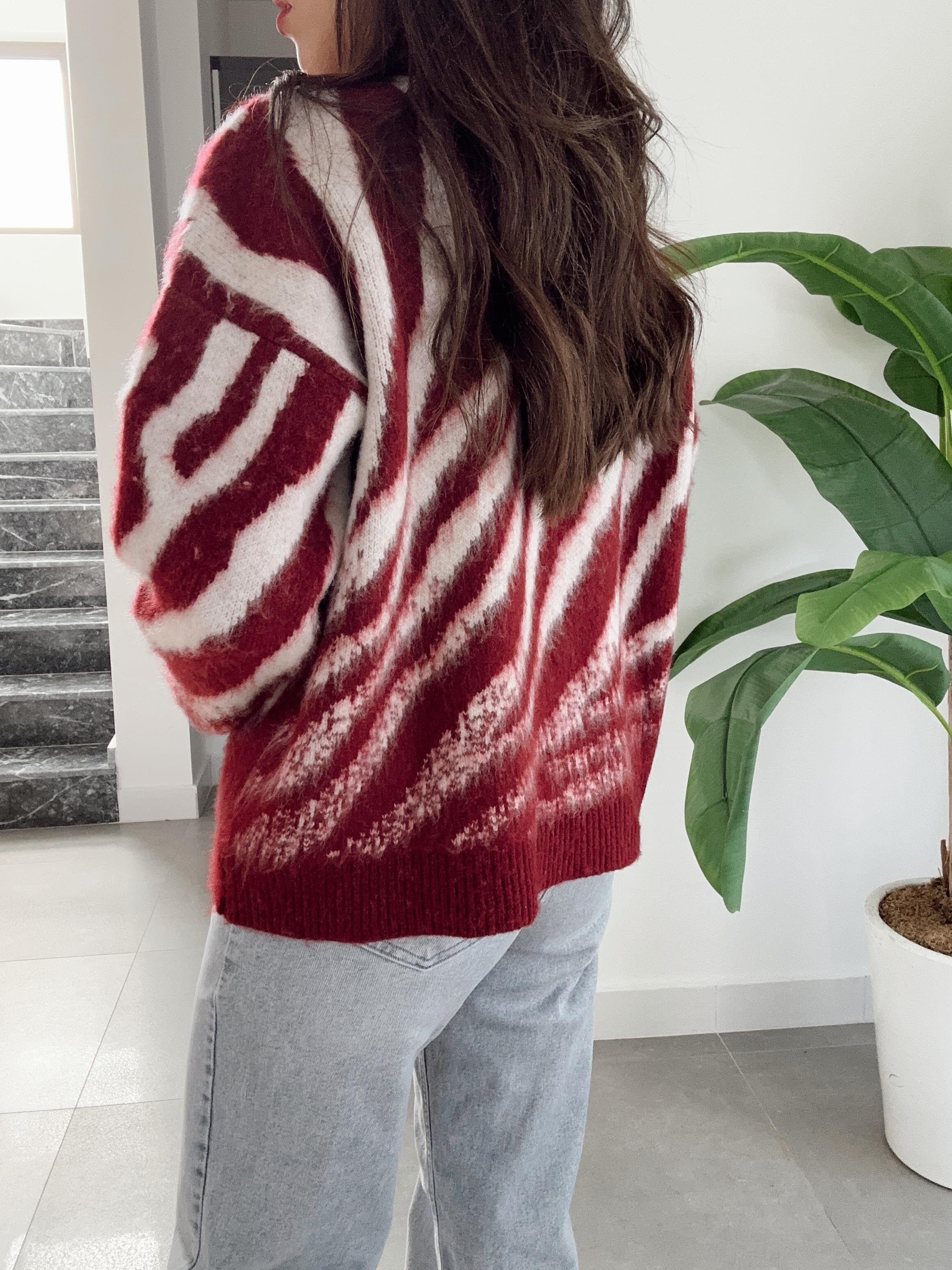 Bordo-Taş Zebra Desen Triko Kazak